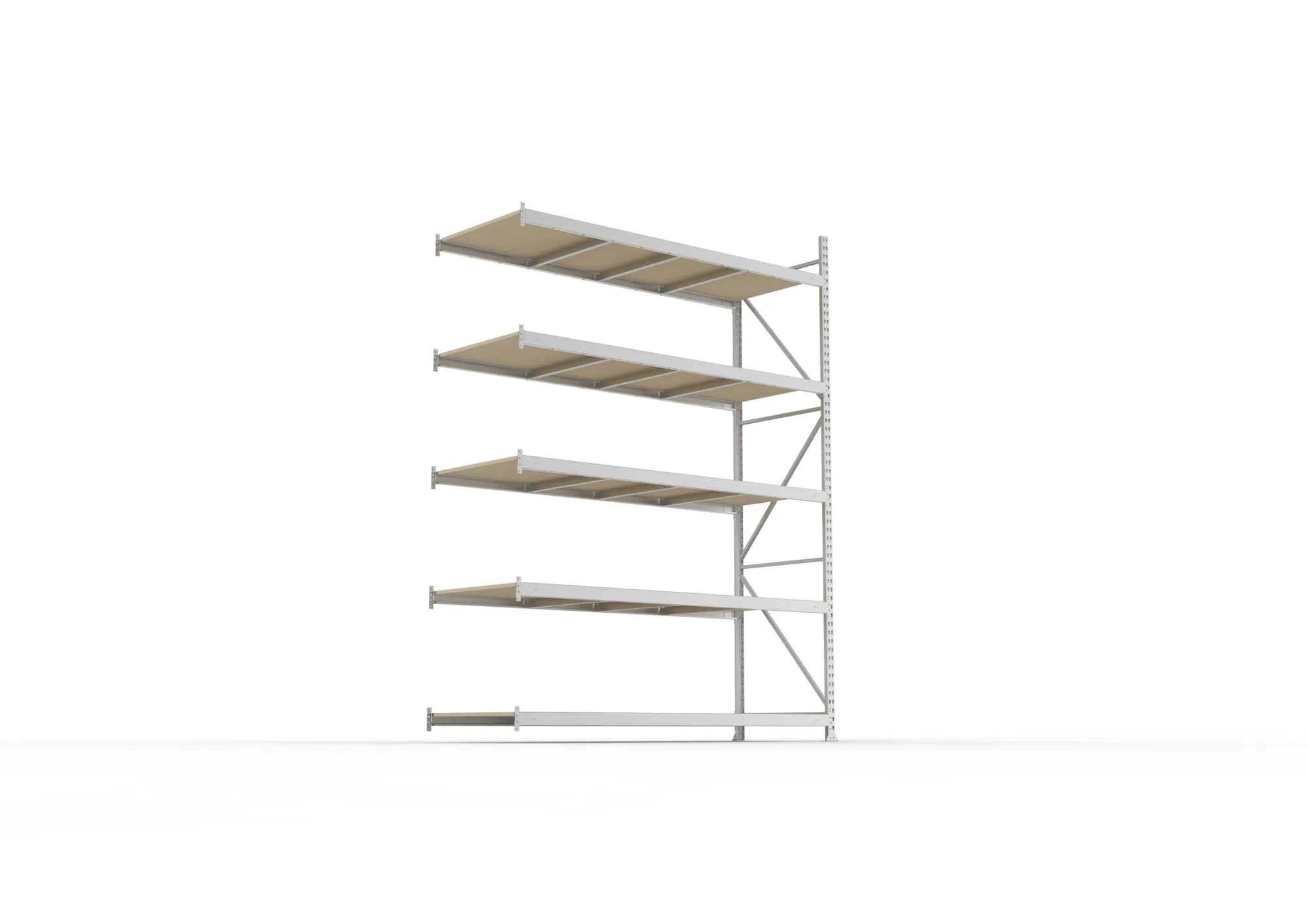 META MINI-RACK, Weitspannregal, Anbauregal, 3000 x 2200 x 800 mm, Fachlast 600 kg, Spanplattenböden, 5 Ebenen – Ansicht von unten