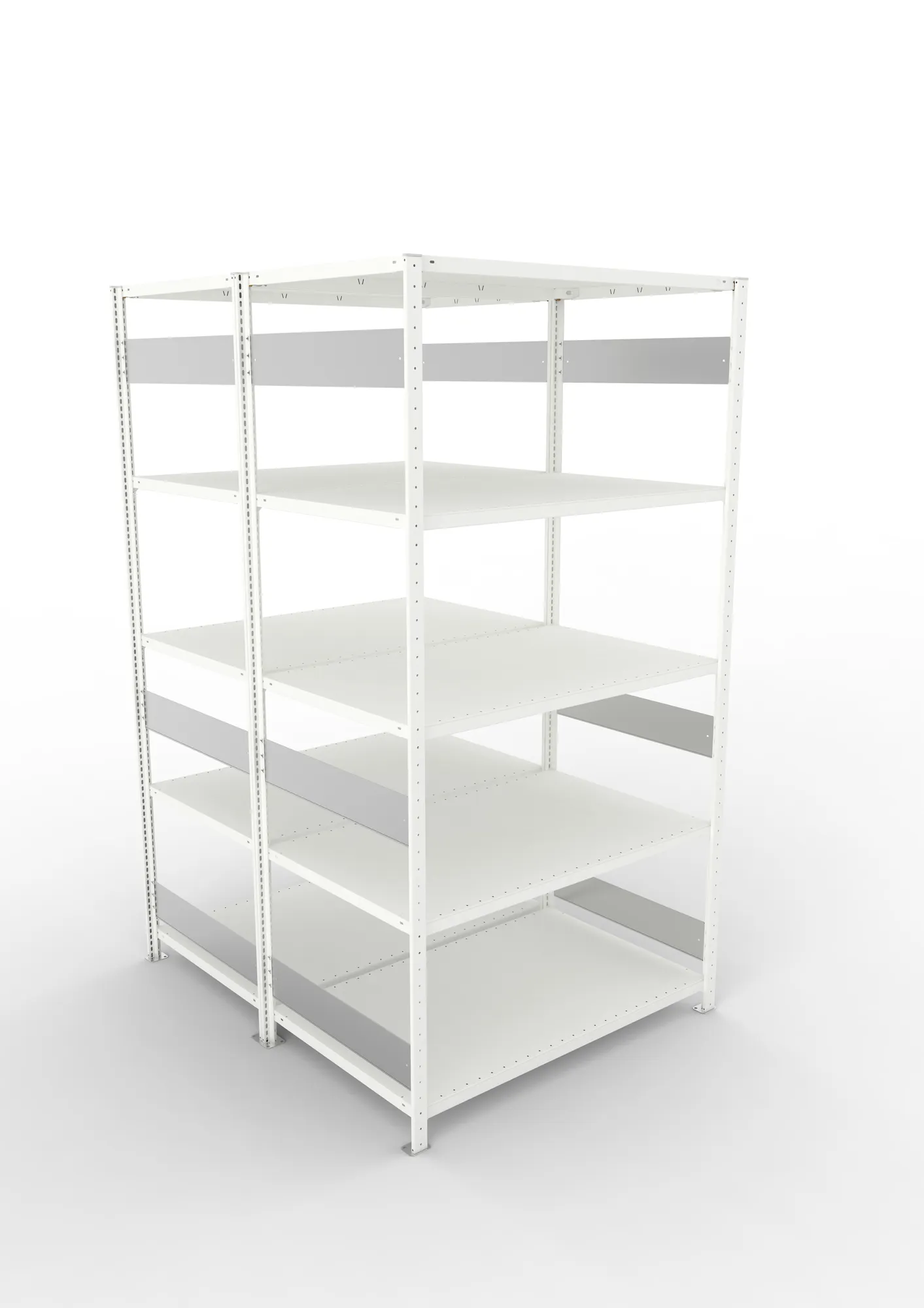 META CLIP S3, Fachbodenregal, Doppel-Grundregal, 2500 x 1300 x 800 mm, Fachlast 230 kg, 5 Ebenen, Längsriegel, RAL 7035 – Ansicht von oben