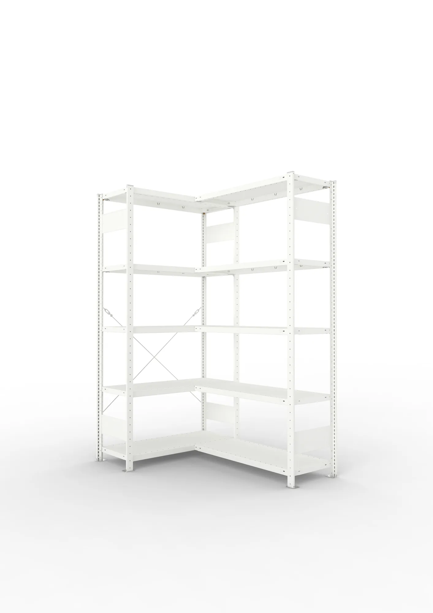 META CLIP, Eckregal, 2000 x 1000 x 400 mm, Fachlast 100 kg, 5 Ebenen, RAL 7035 – Ansicht in Blickhöhe