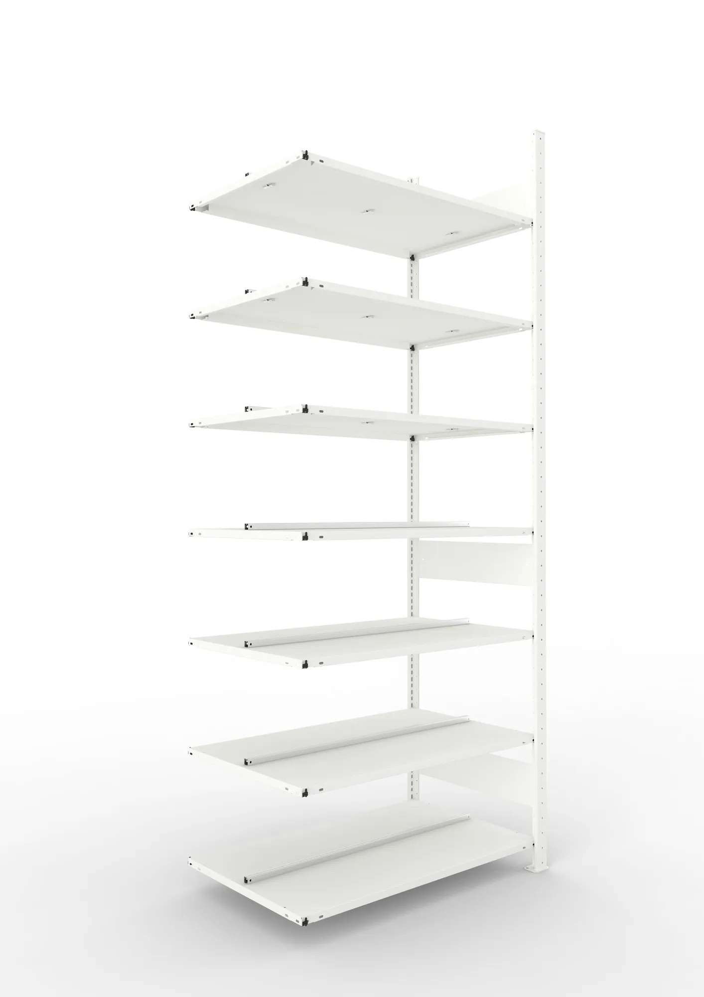META CLIP COMPACT, Büro-Steckregal, Anbauregal, 2500 x 1000 x 600 mm, Fachlast 100 kg, 7+0 Ebenen, RAL 7035 – Ansicht in Blickhöhe