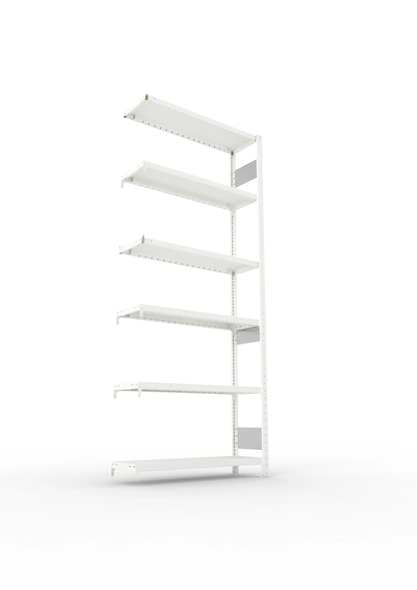 META CLIP S3, Fachbodenregal, Anbauregal, 2500 x 1000 x 300 mm, Fachlast 230 kg, 6 Ebenen, Längsriegel, RAL 7035 – Ansicht von unten