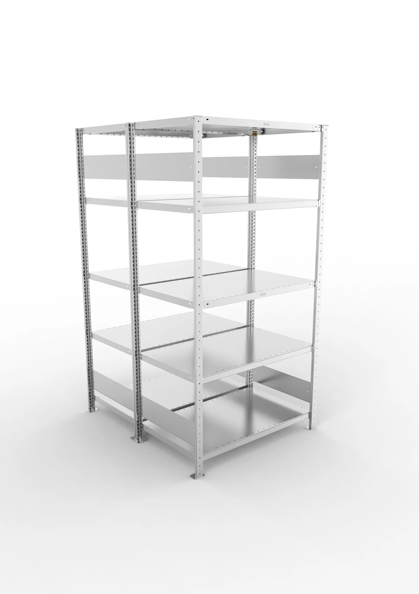 META CLIP S3, Fachbodenregal, Doppel-Grundregal, 2000 x 1000 x 600 mm, Fachlast 230 kg, 5 Ebenen, Längsriegel, verzinkt – Ansicht von oben