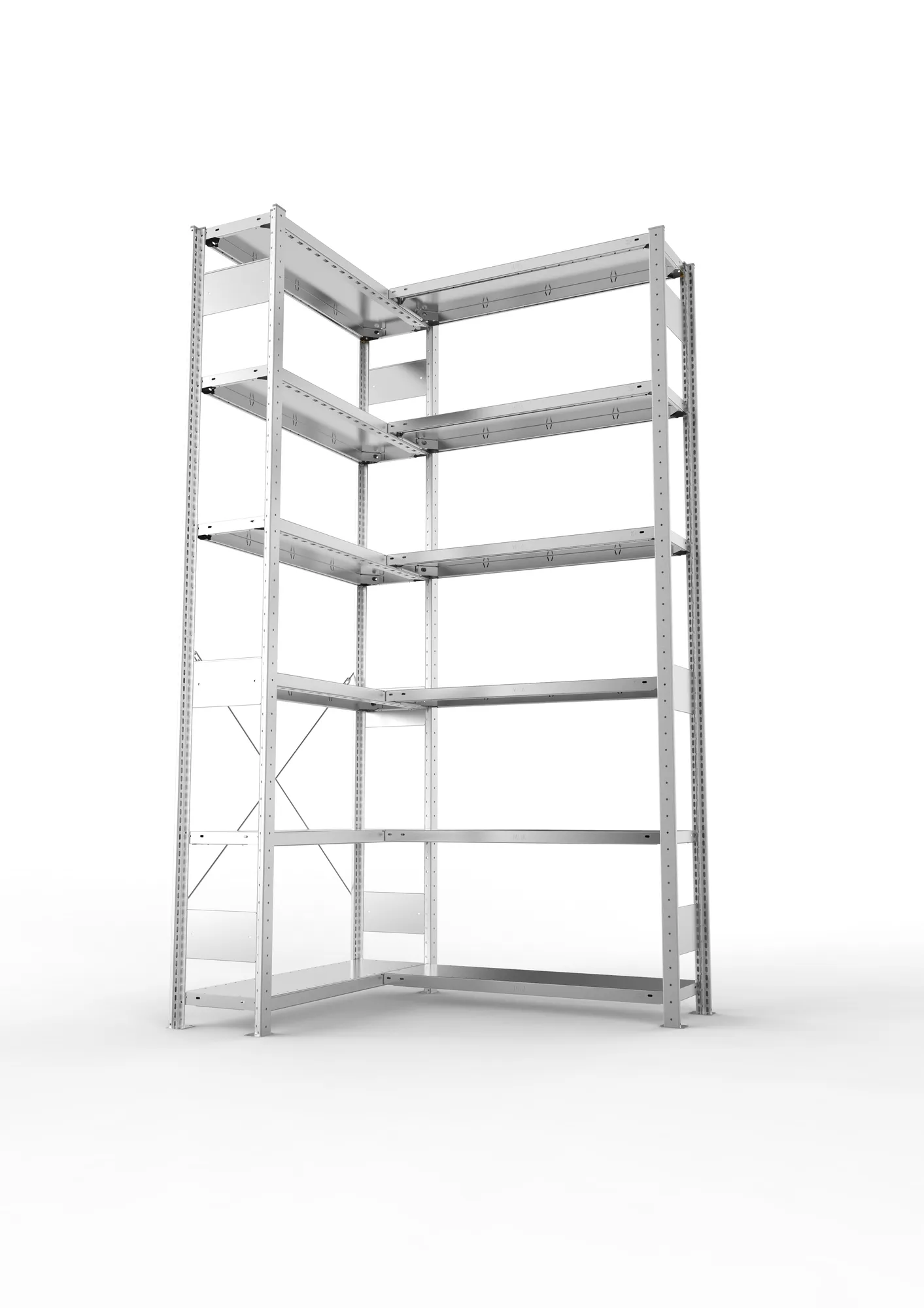 META CLIP, Eckregal, 2500 x 1000 x 300 mm, Fachlast 100 kg, 6 Ebenen, verzinkt – Seitenansicht