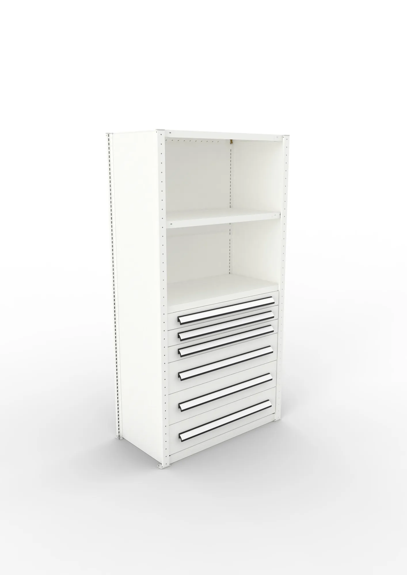 META CLIP, Schrankmodul, Grundregal, Variante 4, 2000 x 1000 x 500 mm, Schubladen untere Hälfte, RAL 7035 – Ansicht von oben