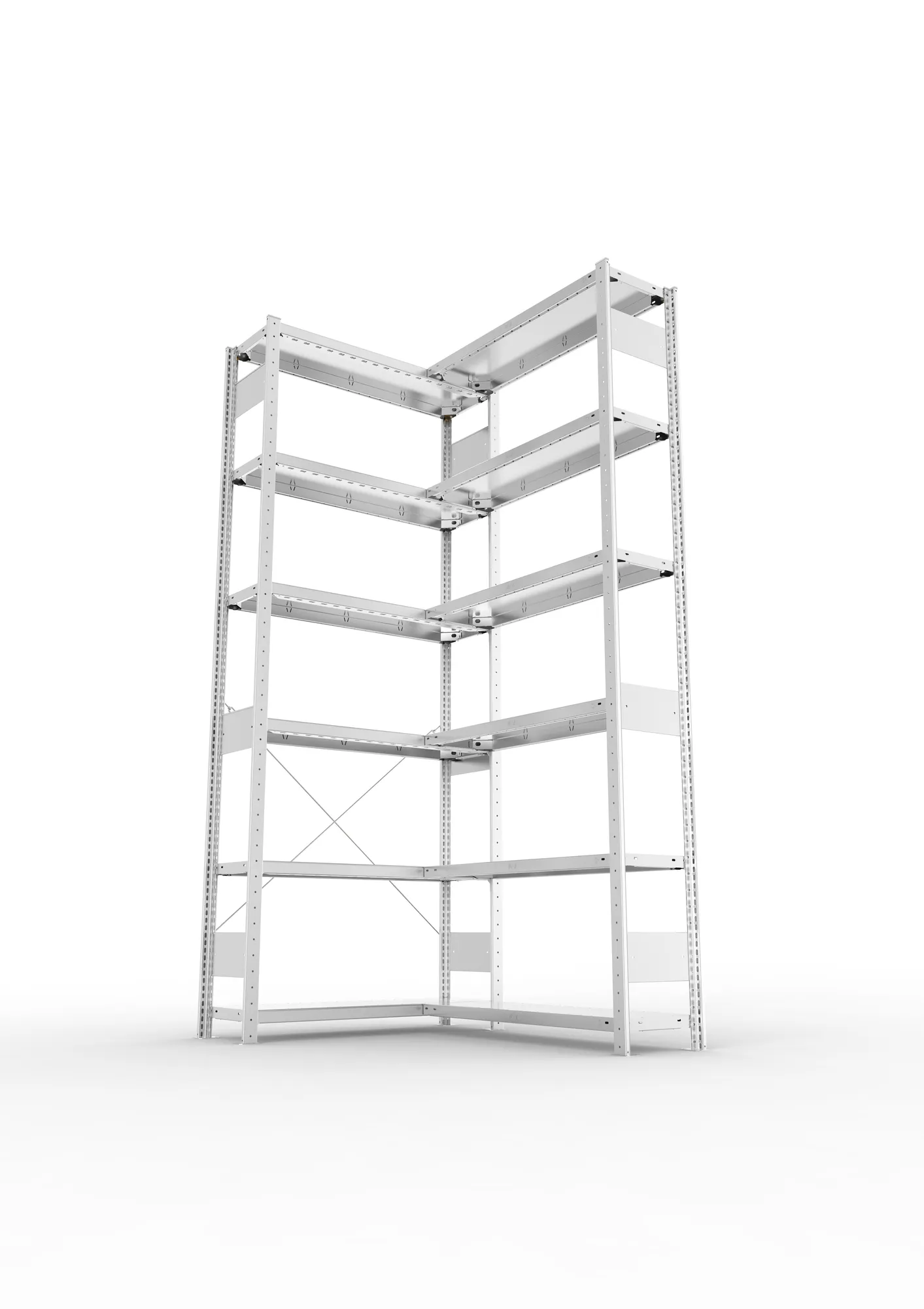 META CLIP, Eckregal, 2500 x 1000 x 300 mm, Fachlast 100 kg, 6 Ebenen, verzinkt – Ansicht von unten