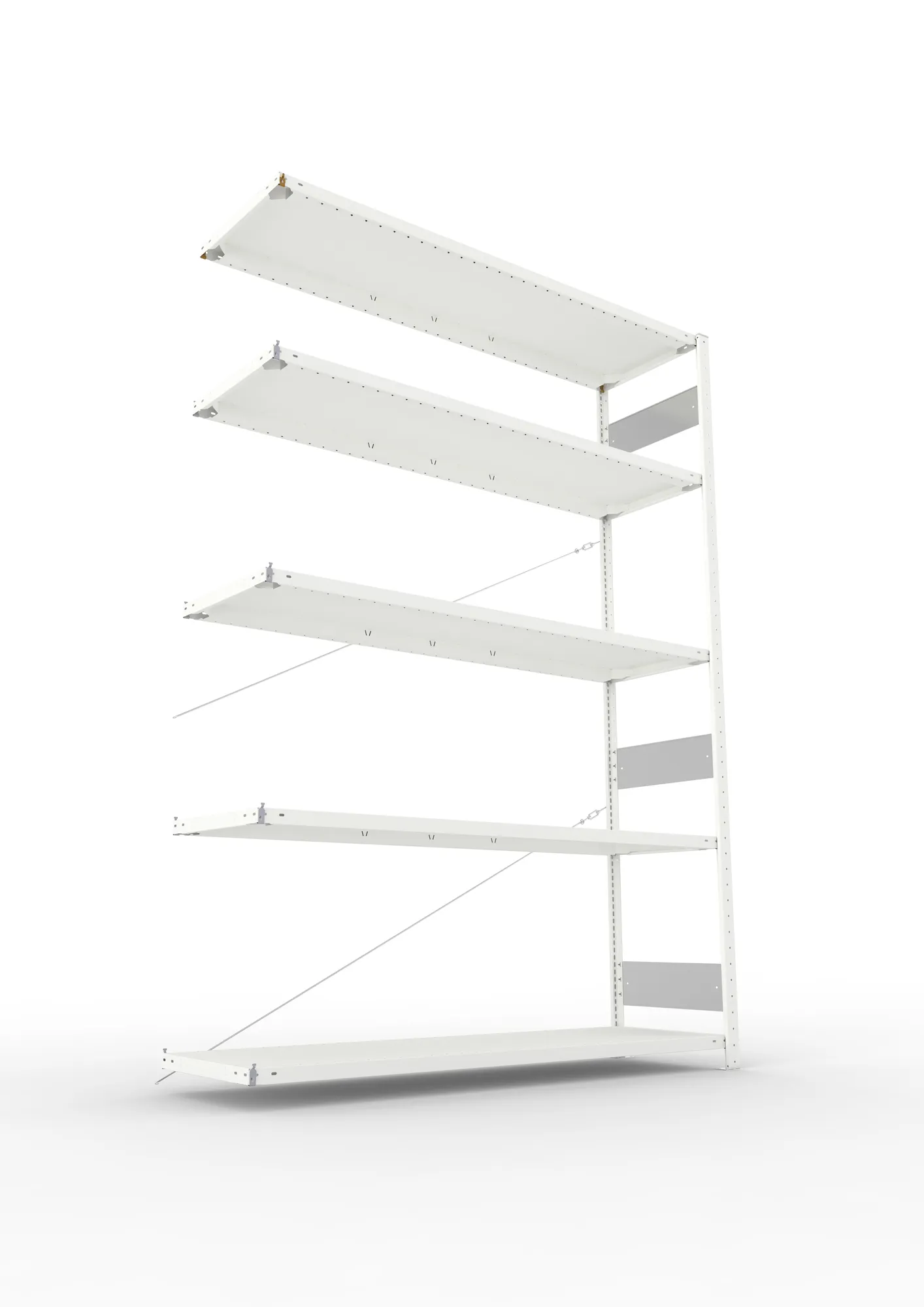 META CLIP S3, Fachbodenregal, Anbauregal, 2500 x 1700 x 500 mm, Fachlast 200 kg, 4 Ebenen, RAL 7035 – Ansicht von unten