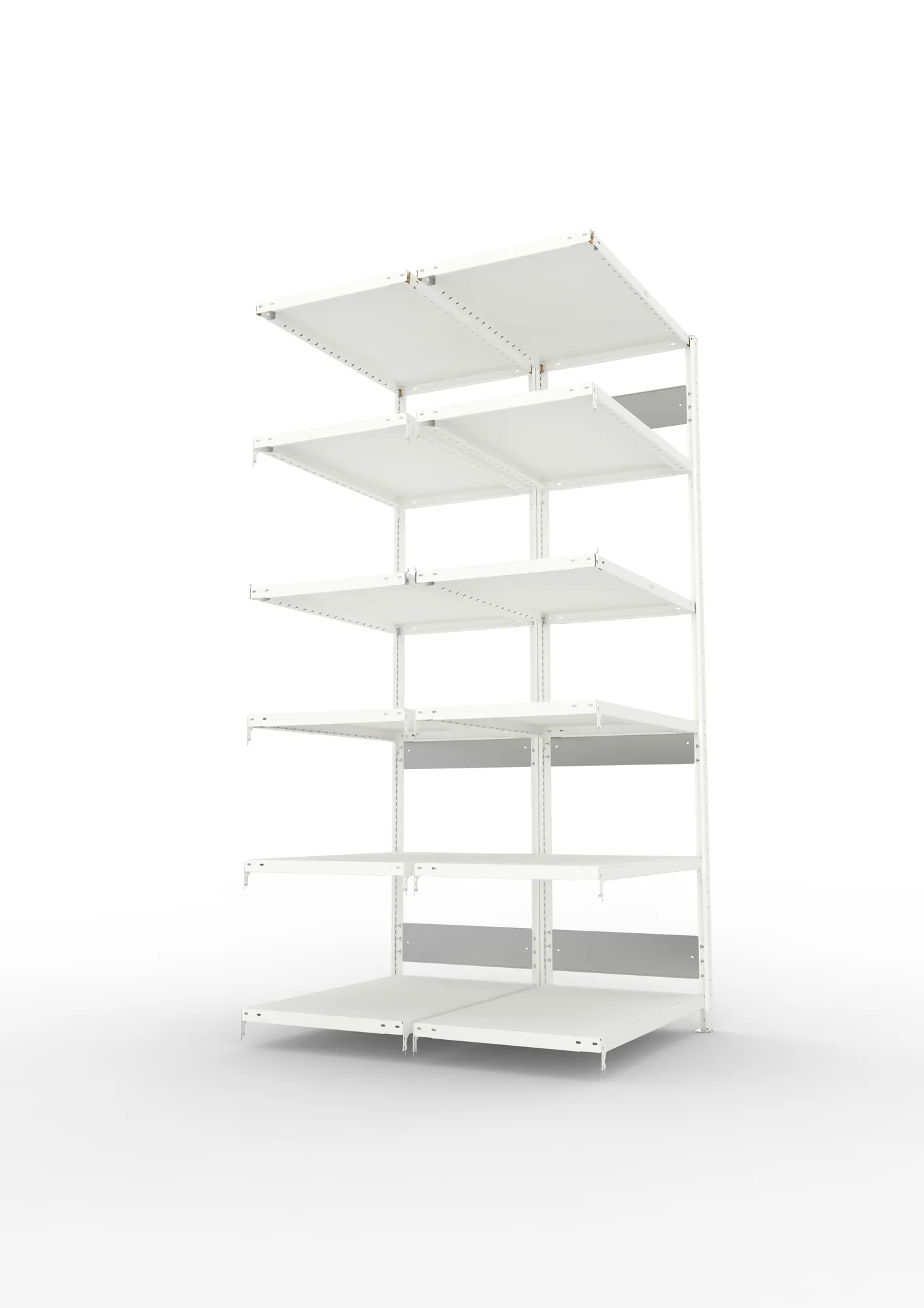 META CLIP S3, Fachbodenregal, Doppel-Anbauregal, 2500 x 1000 x 600 mm, Fachlast 230 kg, 6 Ebenen, Längsriegel, RAL 7035 – Seitenansicht