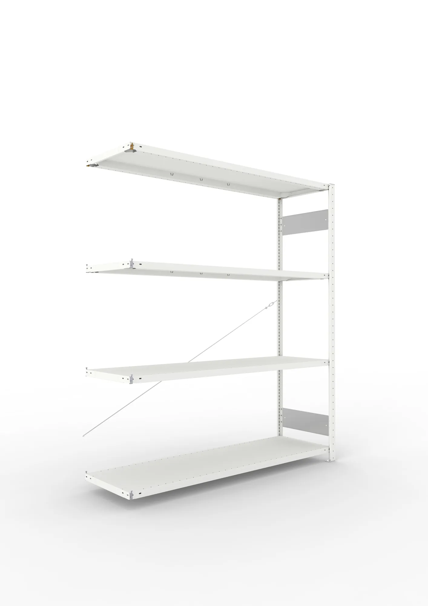 META CLIP S3, Fachbodenregal, Anbauregal, 2000 x 1700 x 500 mm, Fachlast 200 kg, 4 Ebenen, RAL 7035 – Ansicht in Blickhöhe