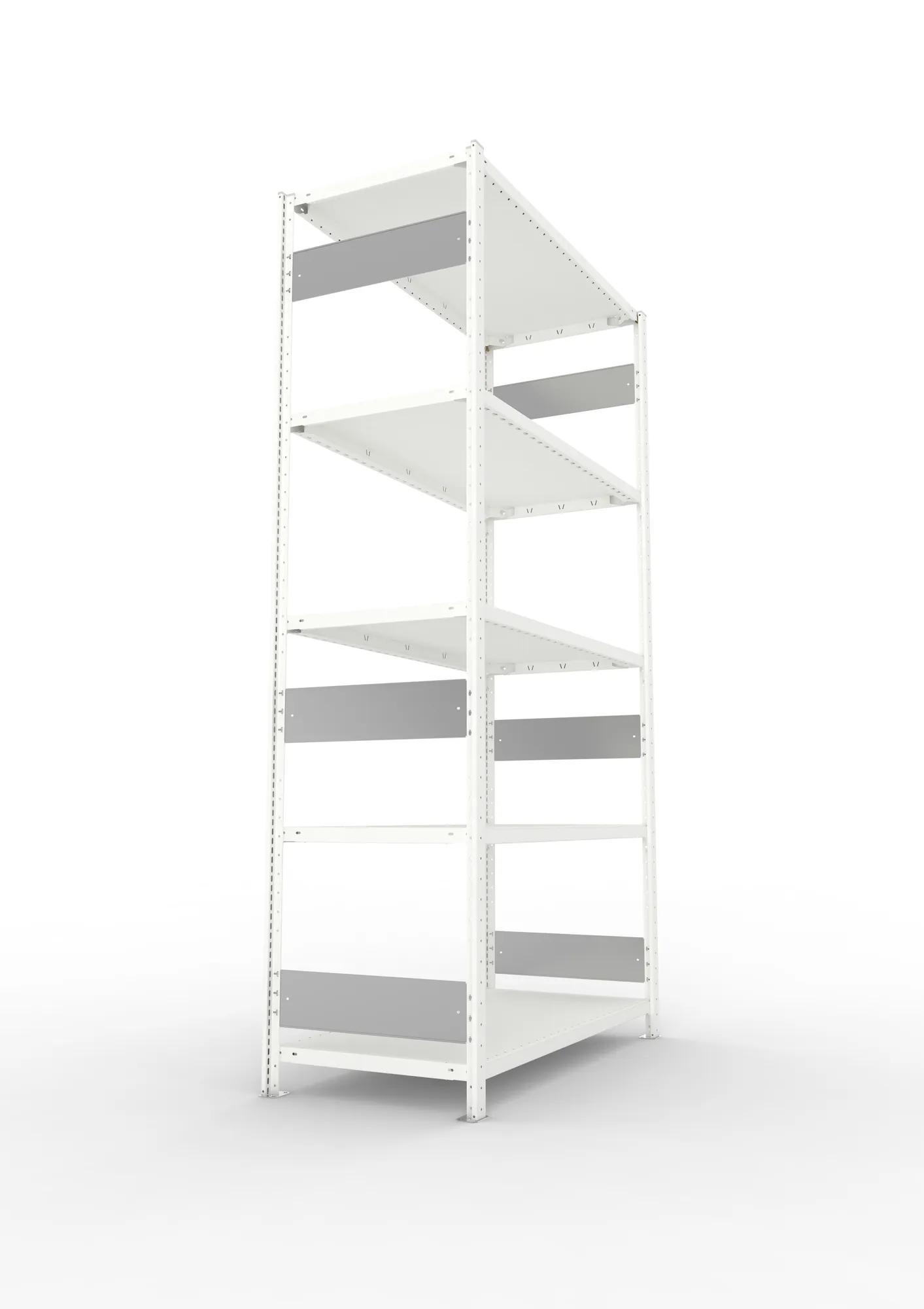 META CLIP S3, Fachbodenregal, Grundregal, 2500 x 1300 x 600 mm, Fachlast 230 kg, 5 Ebenen, Längsriegel, RAL 7035 – Seitenansicht
