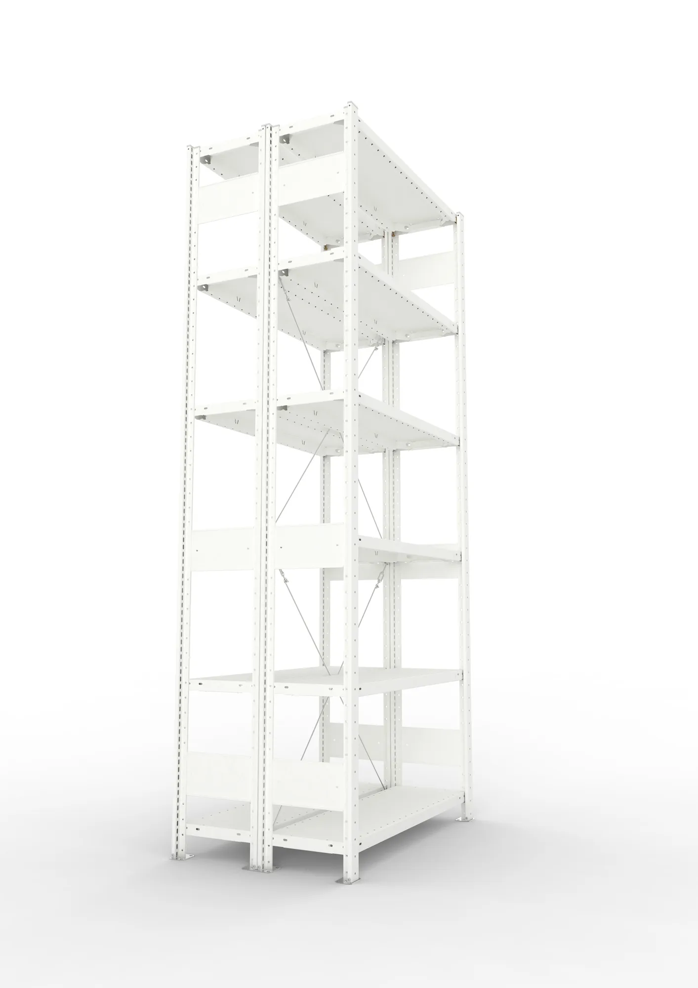 META CLIP, Fachbodenregal, Doppel-Grundregal, 2500 x 1000 x 300 mm, Fachlast 150 kg, 6 Ebenen, RAL 7035 – Seitenansicht