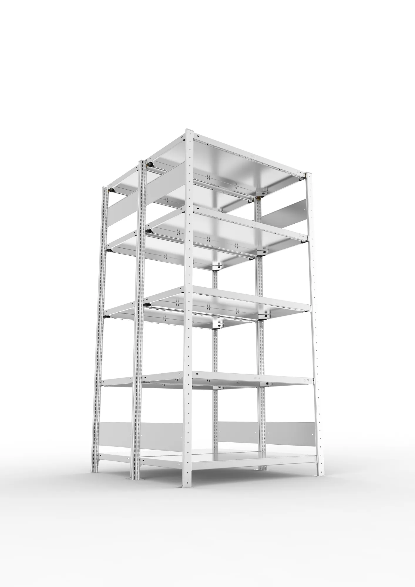 META CLIP S3, Fachbodenregal, Doppel-Grundregal, 2000 x 1000 x 500 mm, Fachlast 150 kg, 5 Ebenen, Längsriegel, verzinkt – Ansicht von unten
