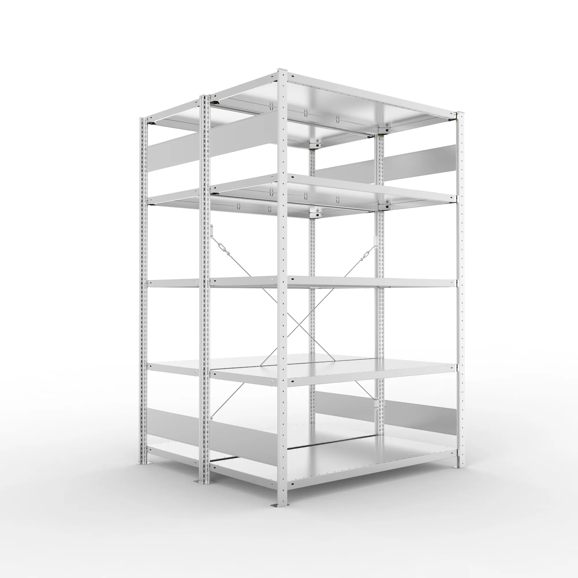 META CLIP S3, Fachbodenregal, Doppel-Grundregal, 2000 x 1300 x 600 mm, Fachlast 150 kg, 5 Ebenen, verzinkt – Ansicht in Blickhöhe