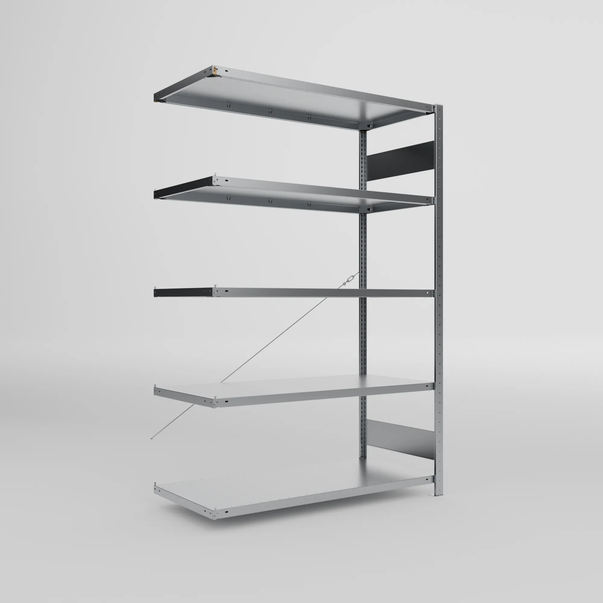 META CLIP S3, Fachbodenregal, Anbauregal, 2000 x 1300 x 600 mm, Fachlast 230 kg, 5 Ebenen, verzinkt – Ansicht in Blickhöhe