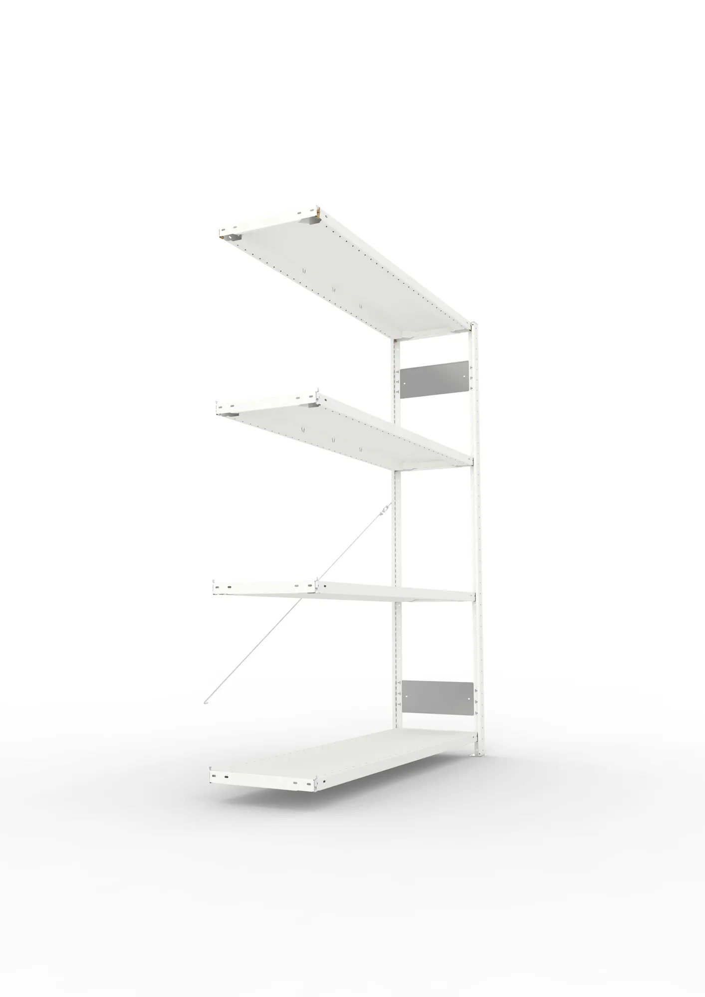 META CLIP S3, Fachbodenregal, Anbauregal, 2000 x 1500 x 400 mm, Fachlast 200 kg, 4 Ebenen, RAL 7035 – Seitenansicht