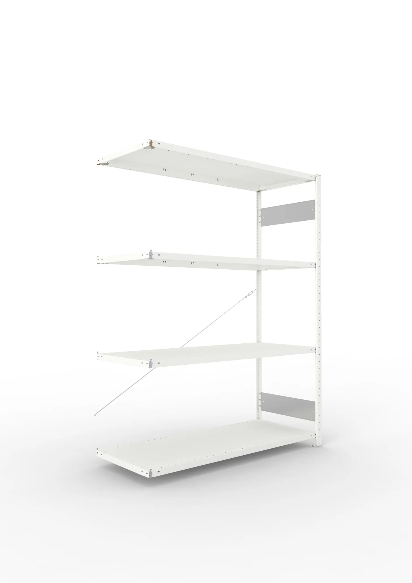 META CLIP S3, Fachbodenregal, Anbauregal, 2000 x 1500 x 600 mm, Fachlast 200 kg, 4 Ebenen, RAL 7035 – Ansicht in Blickhöhe
