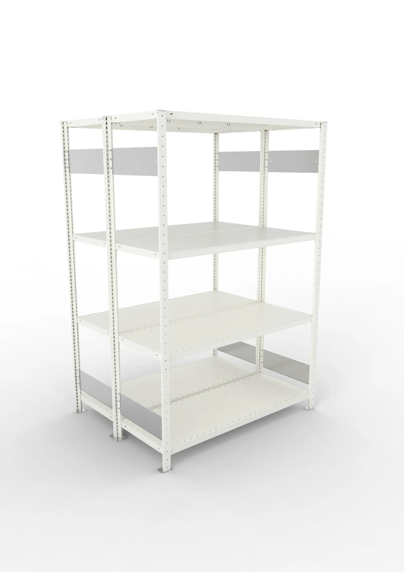 META CLIP S3, Fachbodenregal, Doppel-Grundregal, 2000 x 1300 x 500 mm, Fachlast 230 kg, 4 Ebenen, Längsriegel, RAL 7035 – Ansicht von oben
