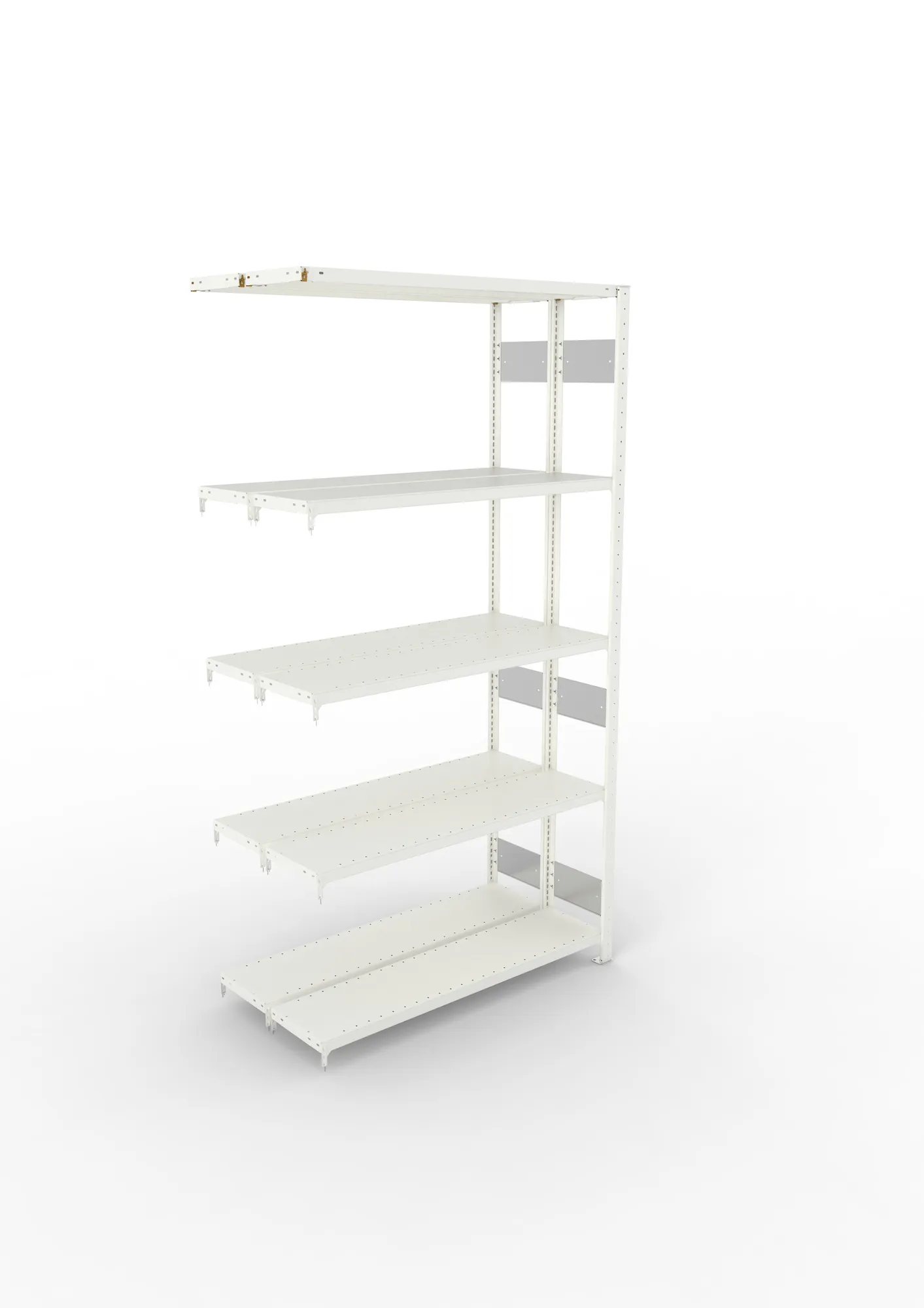 META CLIP S3, Fachbodenregal, Doppel-Anbauregal, 2500 x 1300 x 300 mm, Fachlast 230 kg, 5 Ebenen, Längsriegel, RAL 7035 – Ansicht von oben