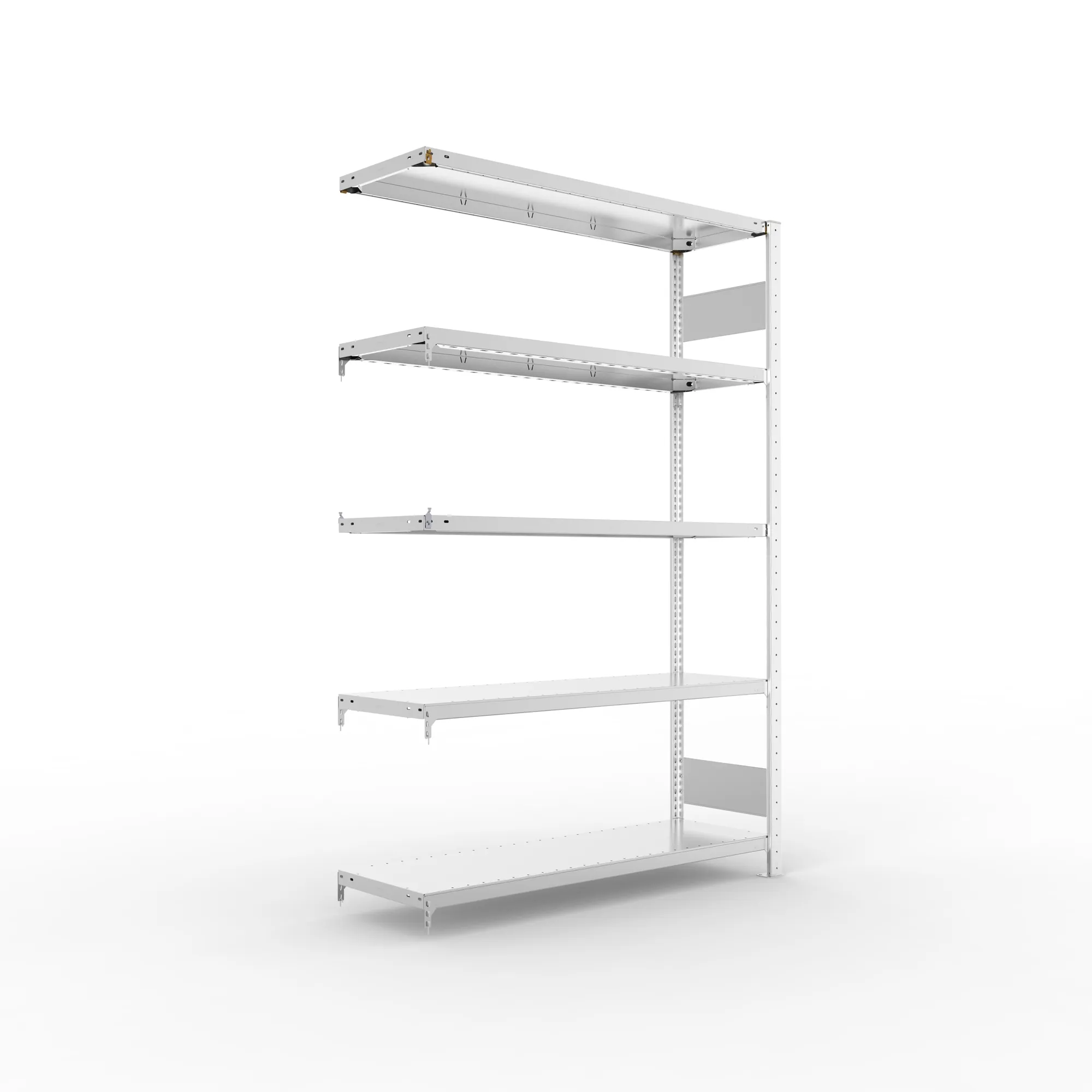 META CLIP S3, Fachbodenregal, Anbauregal, 2000 x 1300 x 400 mm, Fachlast 230 kg, 4 Ebenen, Längsriegel, verzinkt – Ansicht in Blickhöhe