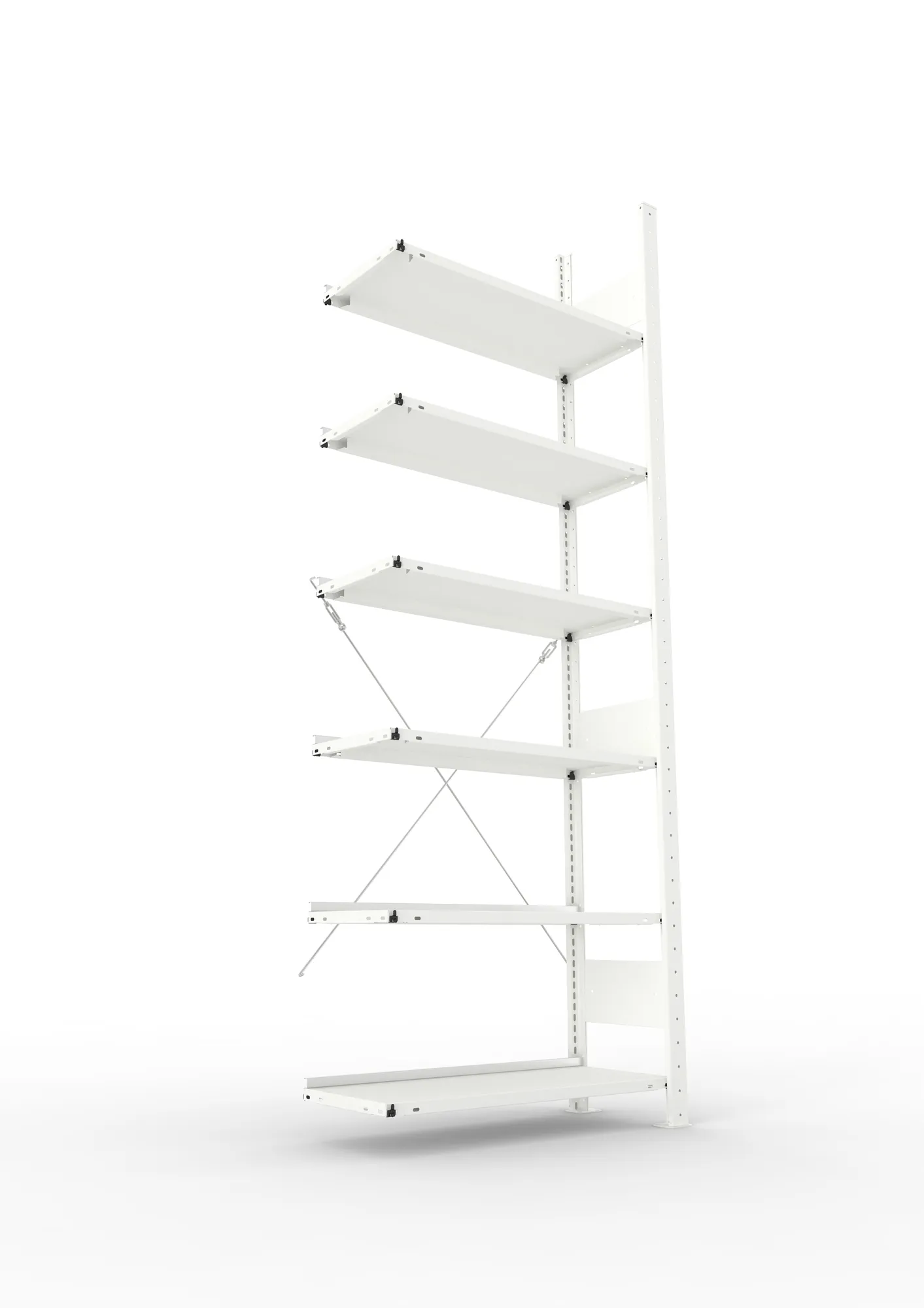 META CLIP COMPACT, Büro-Steckregal, Anbauregal, 2200 x 750 x 300 mm, Fachlast 80 kg, 6+0 Ebenen, RAL 7035 – Ansicht von unten