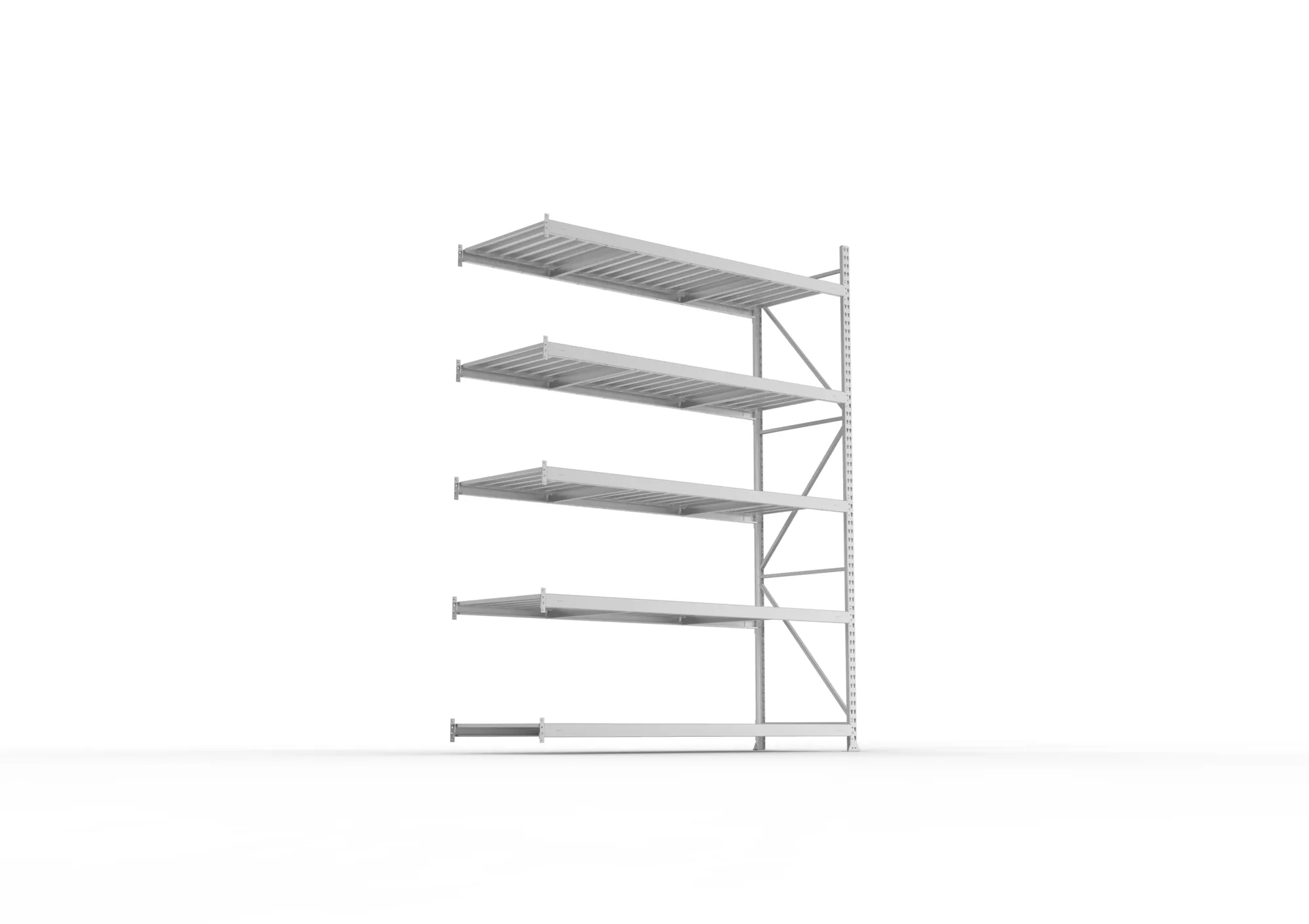 META MINI-RACK, Weitspannregal, Anbauregal, 3000 x 2200 x 800 mm, Fachlast 600 kg, Stahlpaneelböden, 5 Ebenen – Ansicht von unten