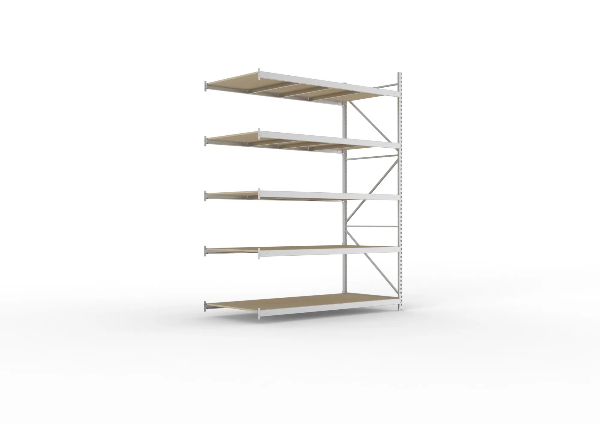 META MINI-RACK, Weitspannregal, Anbauregal, 3000 x 2200 x 1050 mm, Fachlast 600 kg, Spanplattenböden, 5 Ebenen – Ansicht in Blickhöhe
