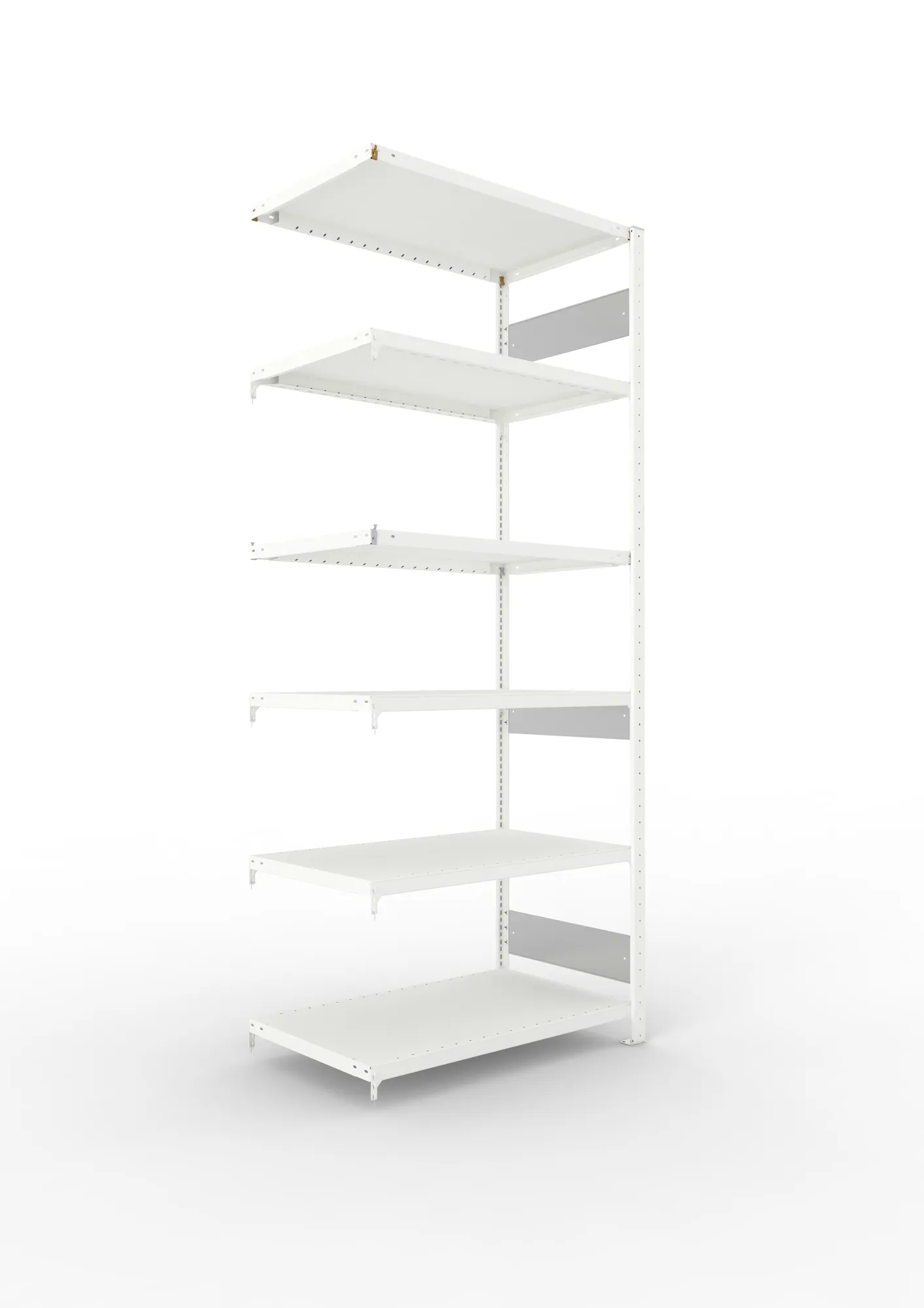 META CLIP S3, Fachbodenregal, Anbauregal, 2500 x 1000 x 600 mm, Fachlast 230 kg, 6 Ebenen, Längsriegel, RAL 7035 – Ansicht in Blickhöhe