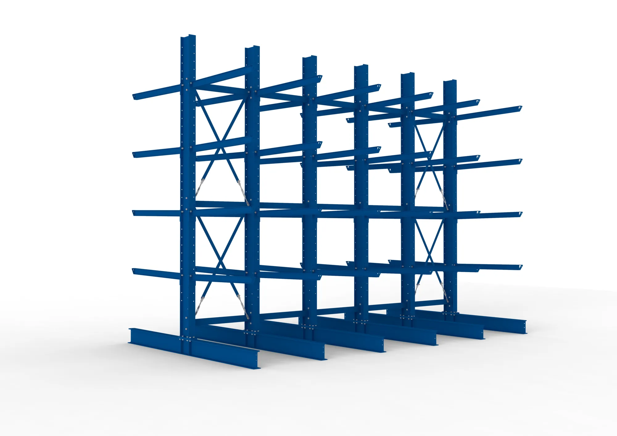 META MULTISTRONG H, Kragarmregal, 5 Felder, 4000 x 5000 x 1250 mm, Armlast 400 kg, doppelseitig, 4+1 Ebenen – Ansicht in Blickhöhe