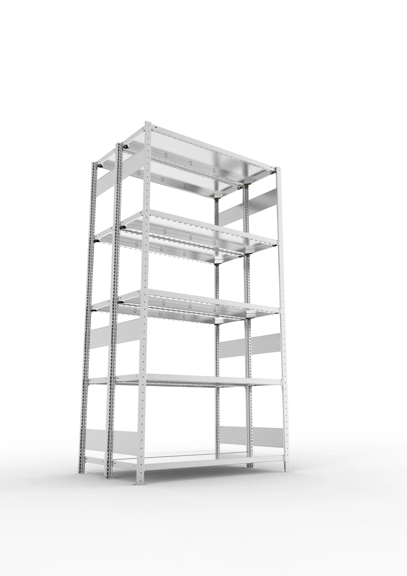 META CLIP S3, Fachbodenregal, Doppel-Grundregal, 2500 x 1300 x 400 mm, Fachlast 230 kg, 5 Ebenen, Längsriegel, verzinkt – Ansicht von unten