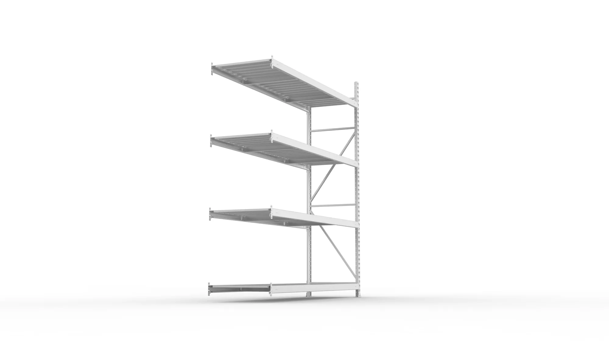 META MINI-RACK, Weitspannregal, Anbauregal, 2500 x 2200 x 650 mm, Fachlast 600 kg, Stahlpaneelböden, 4 Ebenen – Seitenansicht
