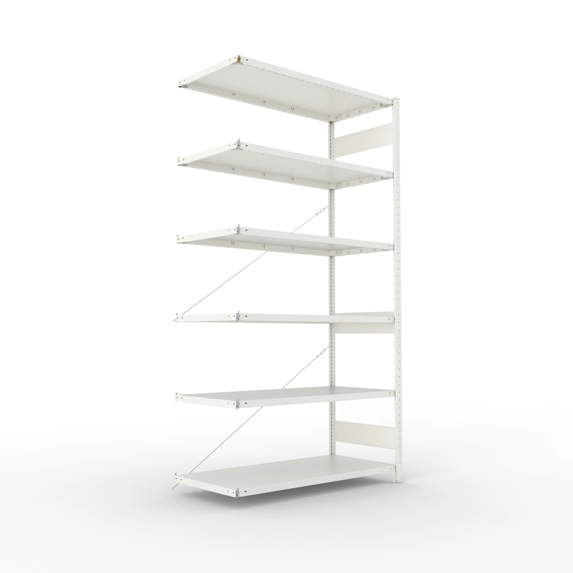 META CLIP, Fachbodenregal, Anbauregal, 2500 x 1300 x 600 mm, Fachlast 230 kg, 6 Ebenen, RAL 7035 – Ansicht in Blickhöhe