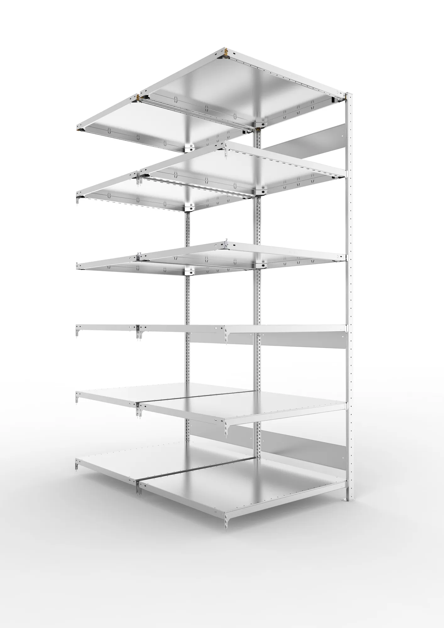 META CLIP S3, Fachbodenregal, Doppel-Anbauregal, 2500 x 1000 x 800 mm, Fachlast 230 kg, 6 Ebenen, Längsriegel, verzinkt – Ansicht in Blickhöhe