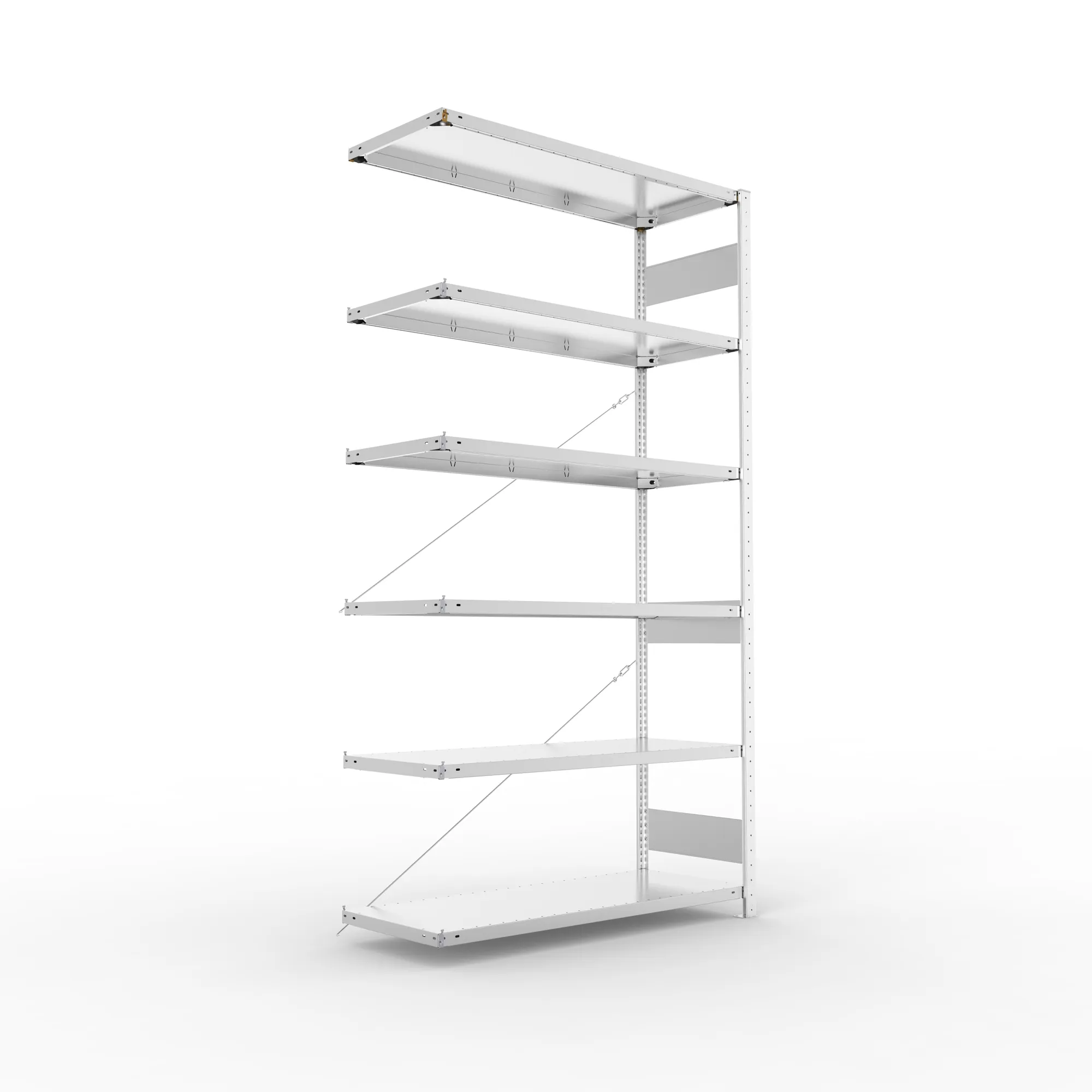 META CLIP S3, Fachbodenregal, Anbauregal, 2500 x 1300 x 500 mm, Fachlast 150 kg, 6 Ebenen, verzinkt – Ansicht in Blickhöhe