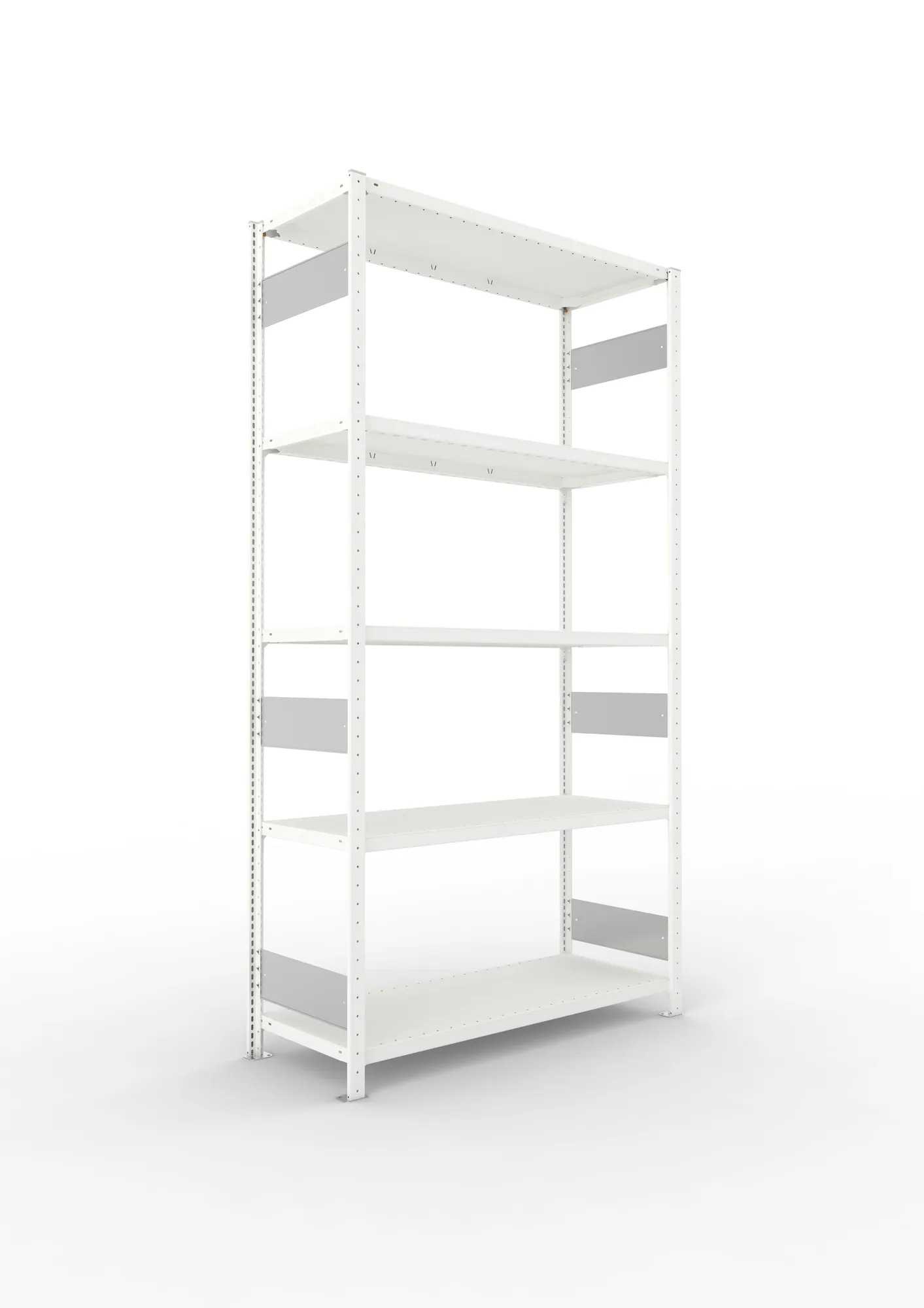 META CLIP S3, Fachbodenregal, Grundregal, 2500 x 1300 x 500 mm, Fachlast 230 kg, 5 Ebenen, Längsriegel, RAL 7035 – Ansicht in Blickhöhe