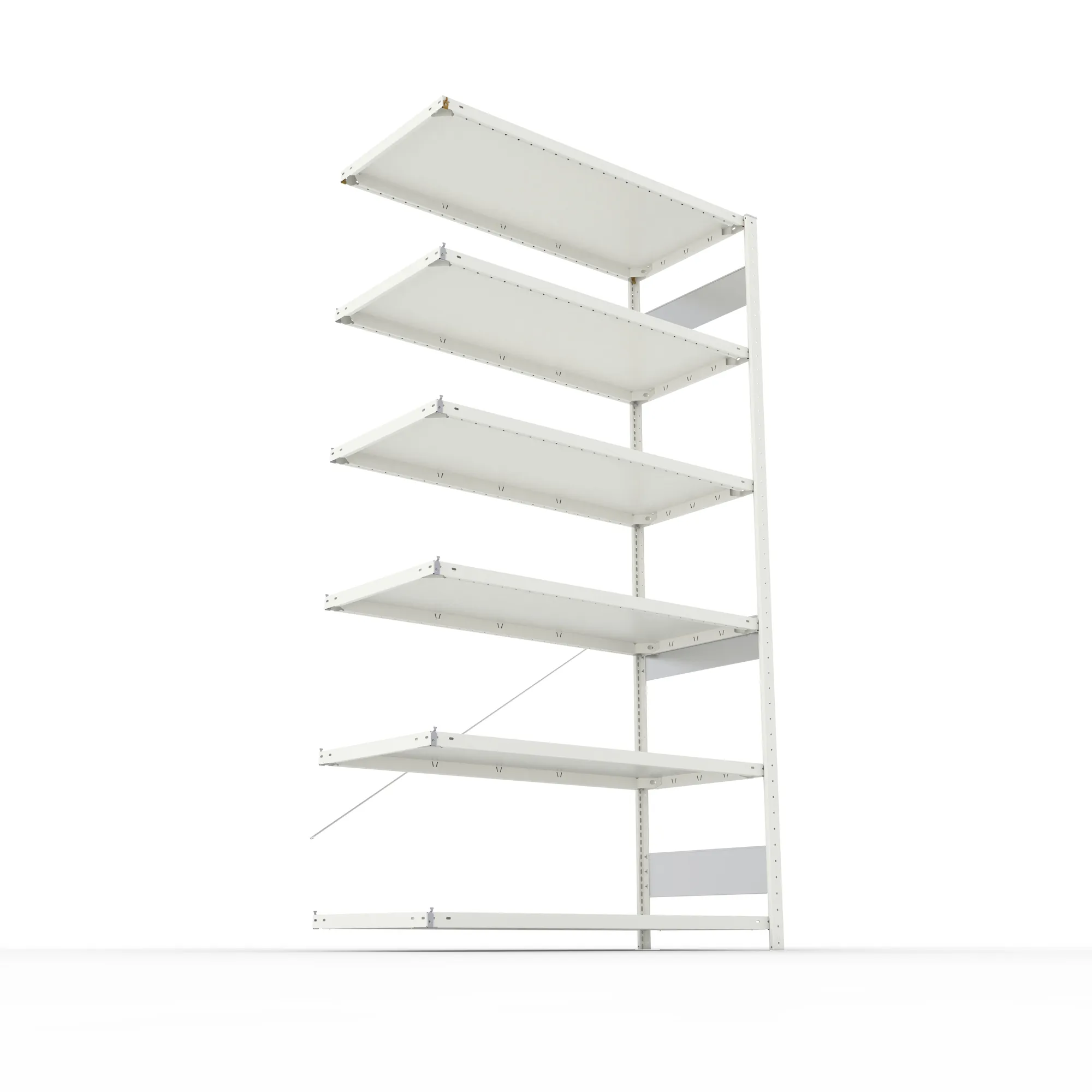 META CLIP S3, Fachbodenregal, Anbauregal, 2500 x 1300 x 600 mm, Fachlast 230 kg, 6 Ebenen, RAL 7035 – Ansicht von unten