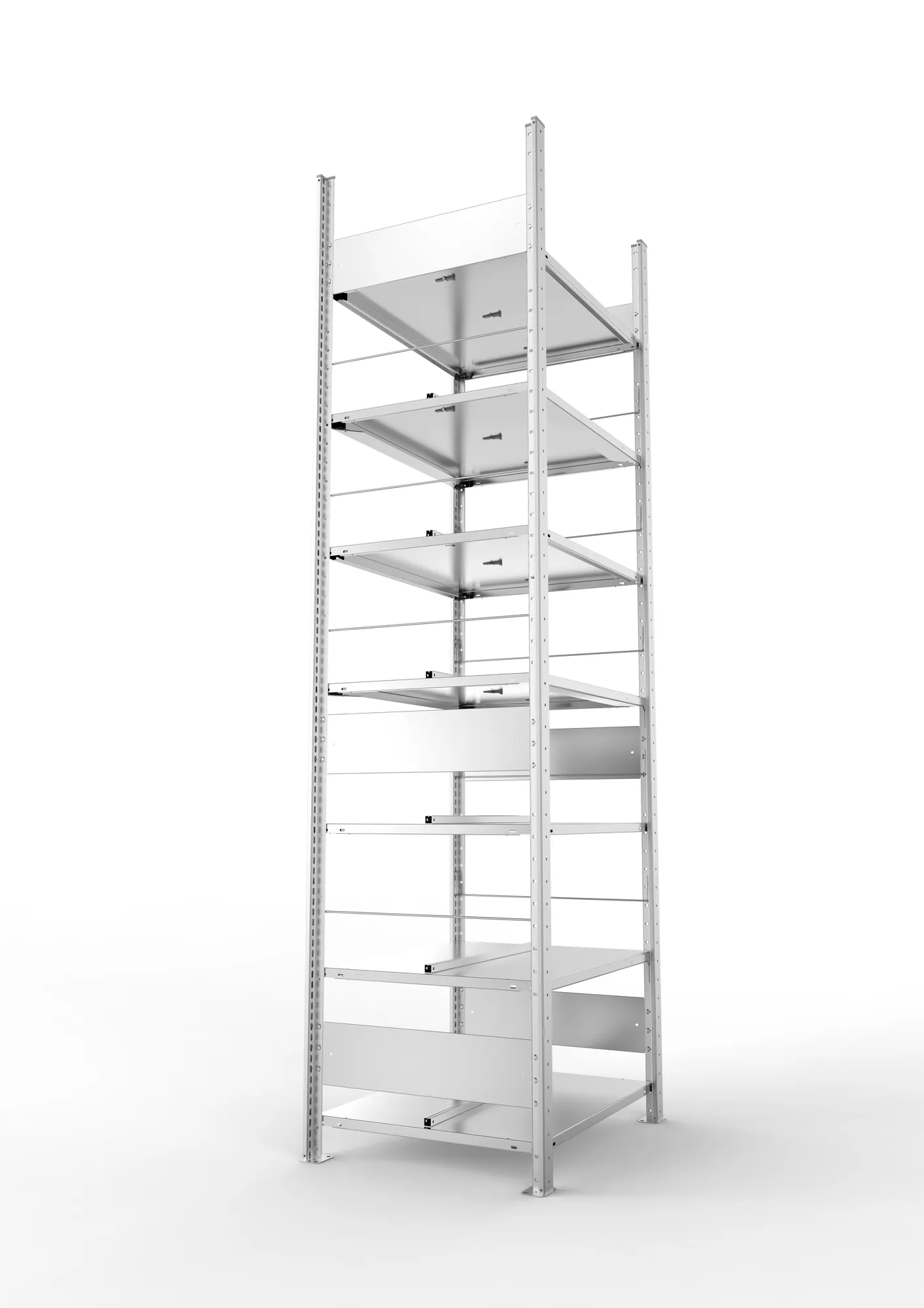META CLIP COMPACT S3, Büro-Steckregal, Doppel-Grundregal, 2500 x 750 x 600 mm, Fachlast 100 kg, 7+0 Ebenen, Mittelanschlag, verzinkt – Seitenansicht