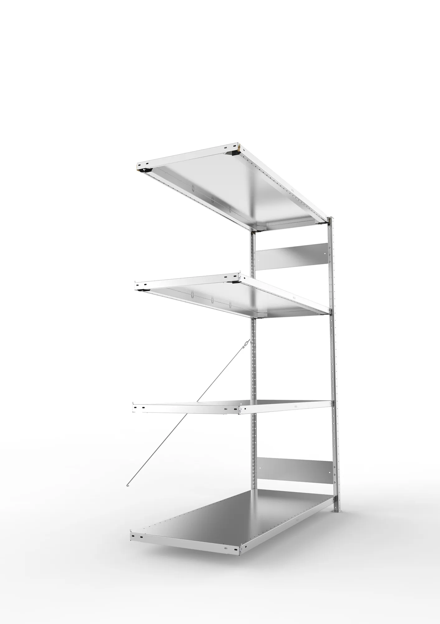 META CLIP S3, Fachbodenregal, Anbauregal, 2000 x 1500 x 600 mm, Fachlast 200 kg, 4 Ebenen, verzinkt – Seitenansicht