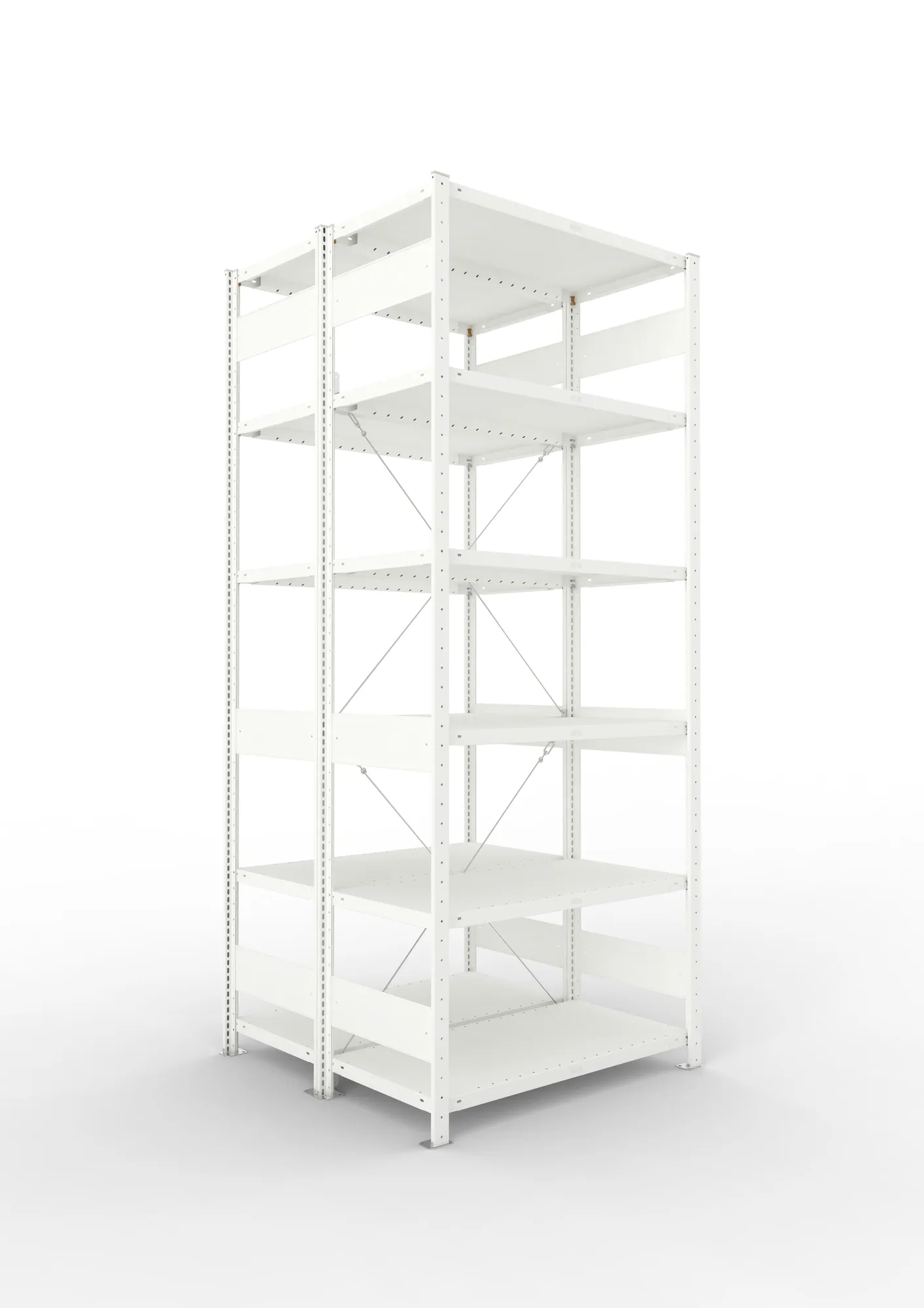 META CLIP, Fachbodenregal, Doppel-Grundregal, 2500 x 1000 x 500 mm, Fachlast 230 kg, 6 Ebenen, RAL 7035 – Ansicht in Blickhöhe