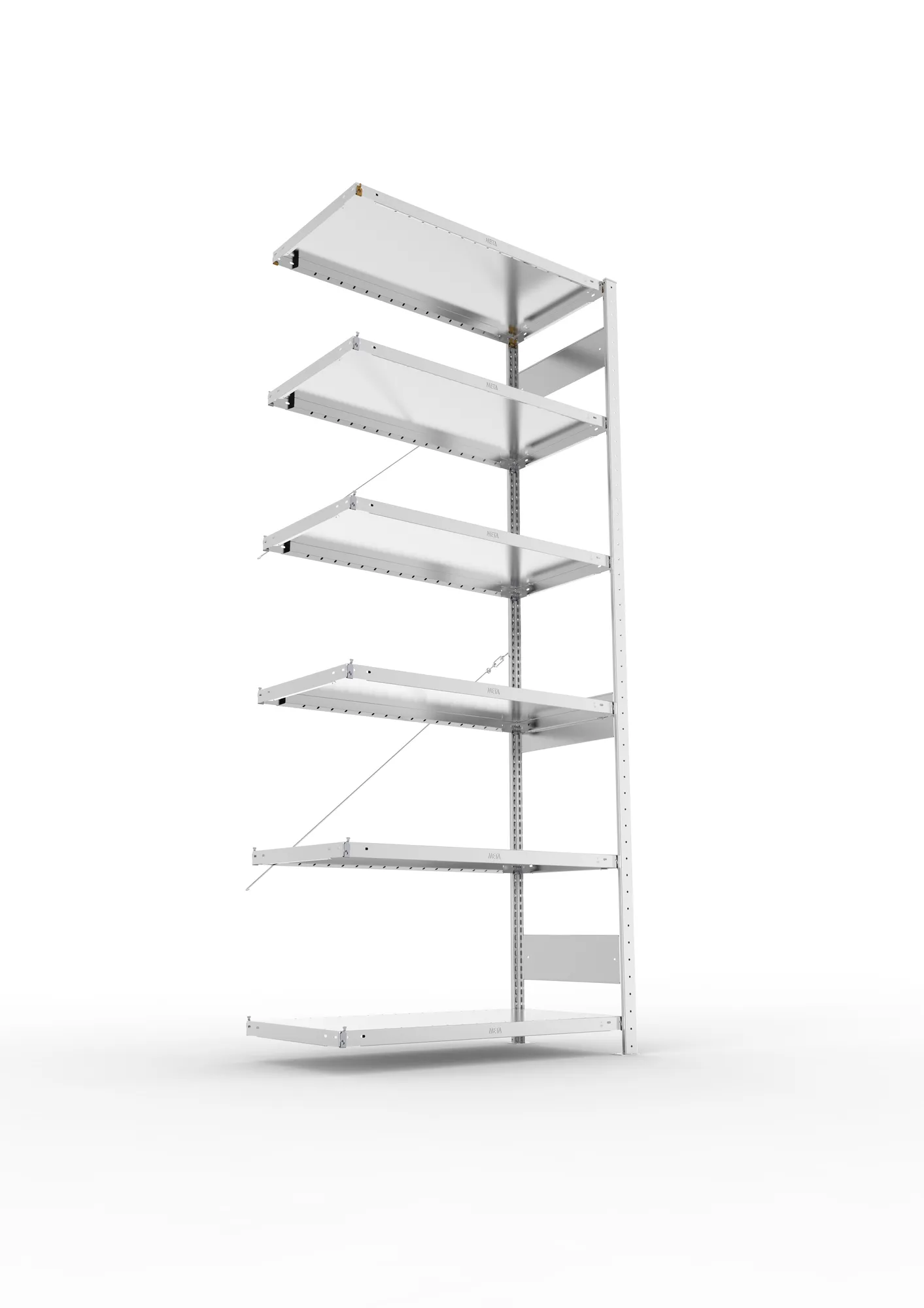 META CLIP, Fachbodenregal, Anbauregal, 2500 x 1000 x 500 mm, Fachlast 230 kg, 6 Ebenen, verzinkt – Ansicht von unten