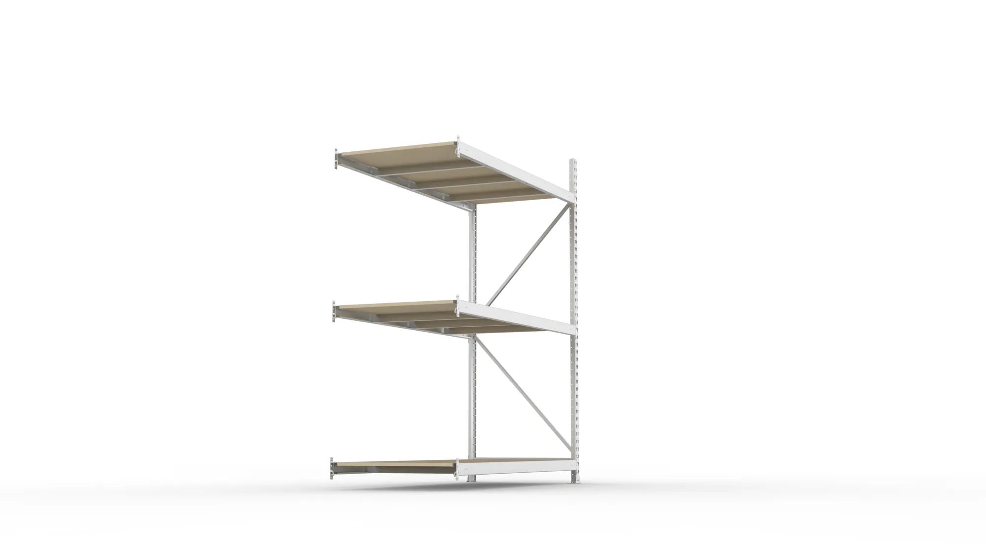 META MINI-RACK, Weitspannregal, Anbauregal, 2200 x 1800 x 800 mm, Fachlast 600 kg, Spanplattenböden, 3 Ebenen – Seitenansicht