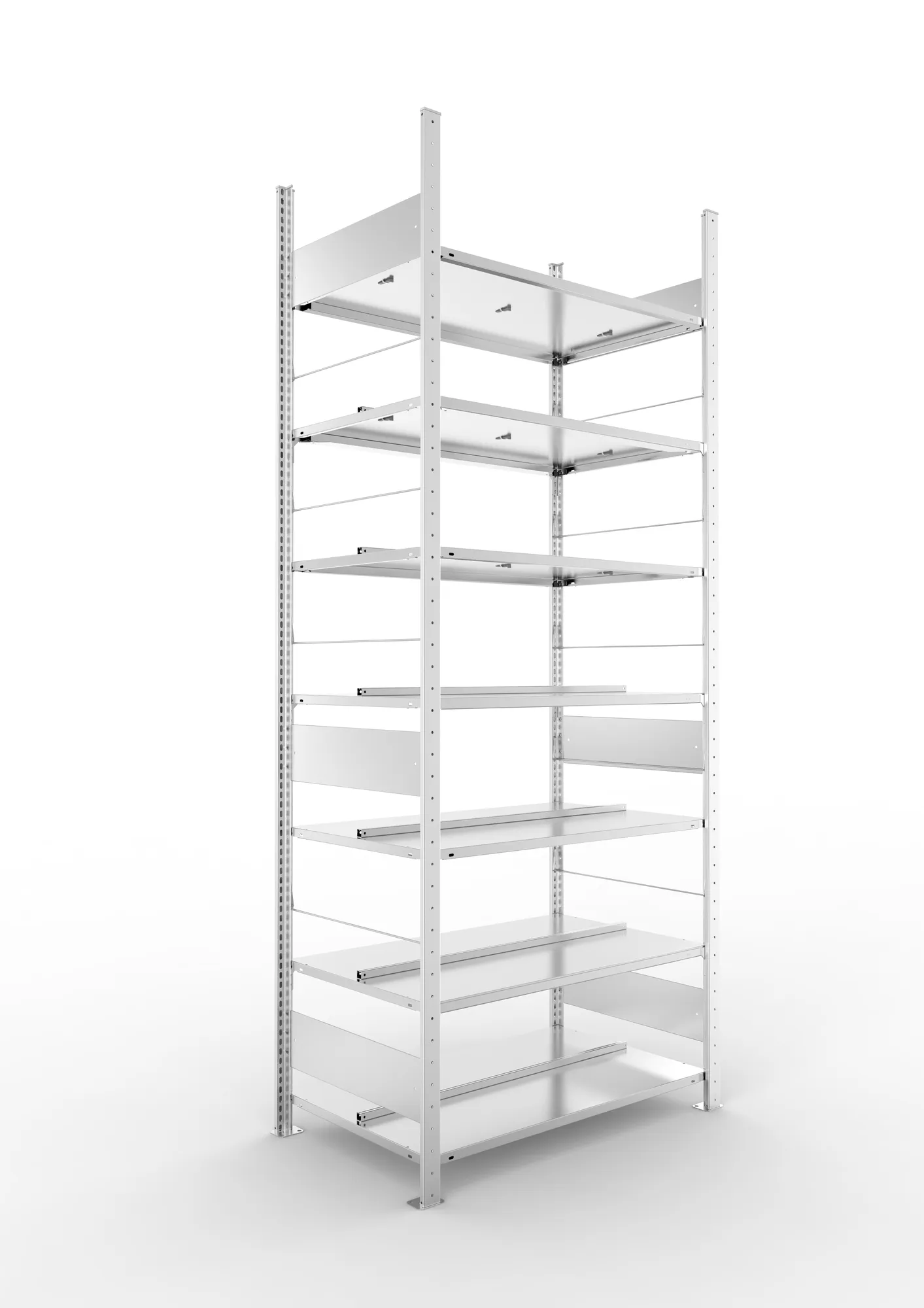 META CLIP COMPACT S3, Büro-Steckregal, Doppel-Grundregal, 2500 x 1000 x 600 mm, Fachlast 100 kg, 7+0 Ebenen, Mittelanschlag, verzinkt – Ansicht in Blickhöhe