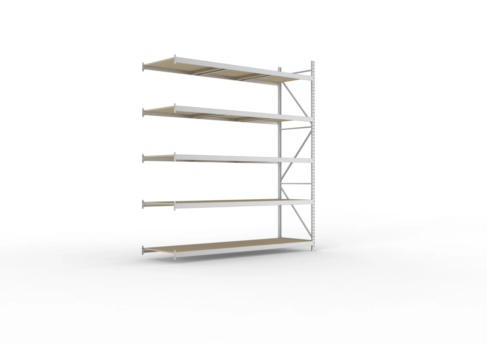 META MINI-RACK, Weitspannregal, Anbauregal, 3000 x 2600 x 800 mm, Fachlast 490 kg, Spanplattenböden, 5 Ebenen – Ansicht in Blickhöhe