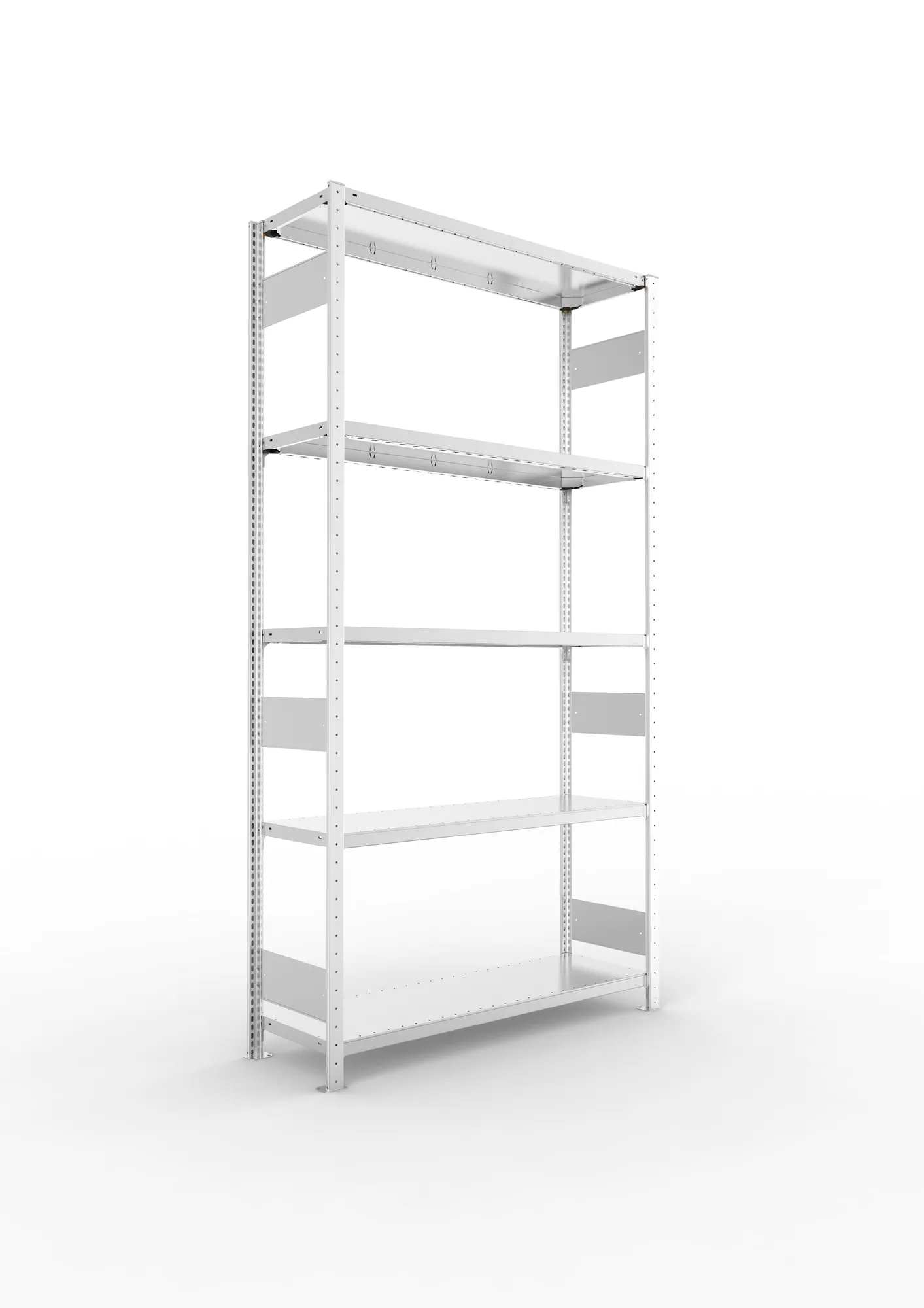 META CLIP S3, Fachbodenregal, Grundregal, 2500 x 1300 x 400 mm, Fachlast 230 kg, 5 Ebenen, Längsriegel, verzinkt – Ansicht in Blickhöhe