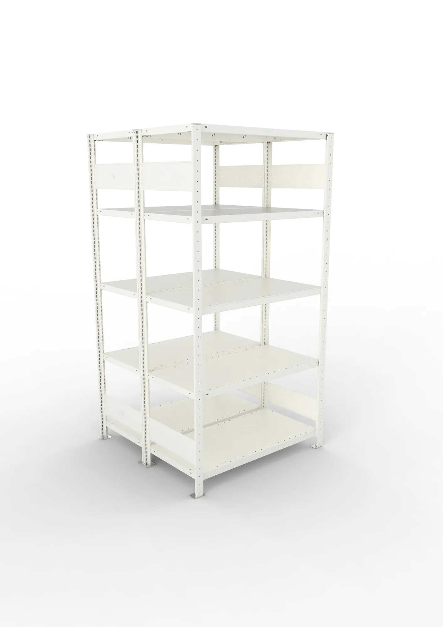 META CLIP S3, Fachbodenregal, Doppel-Grundregal, 2000 x 1000 x 500 mm, Fachlast 150 kg, 5 Ebenen, Längsriegel, RAL 7035 – Ansicht von oben