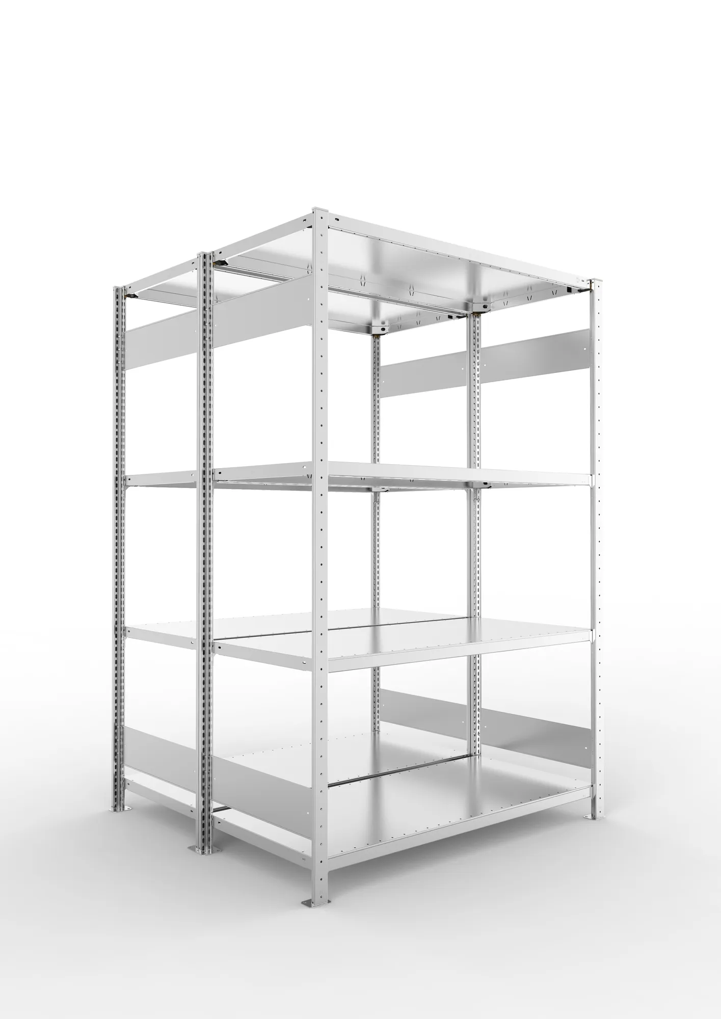 META CLIP S3, Fachbodenregal, Doppel-Grundregal, 2000 x 1300 x 600 mm, Fachlast 230 kg, 4 Ebenen, Längsriegel, verzinkt – Ansicht in Blickhöhe