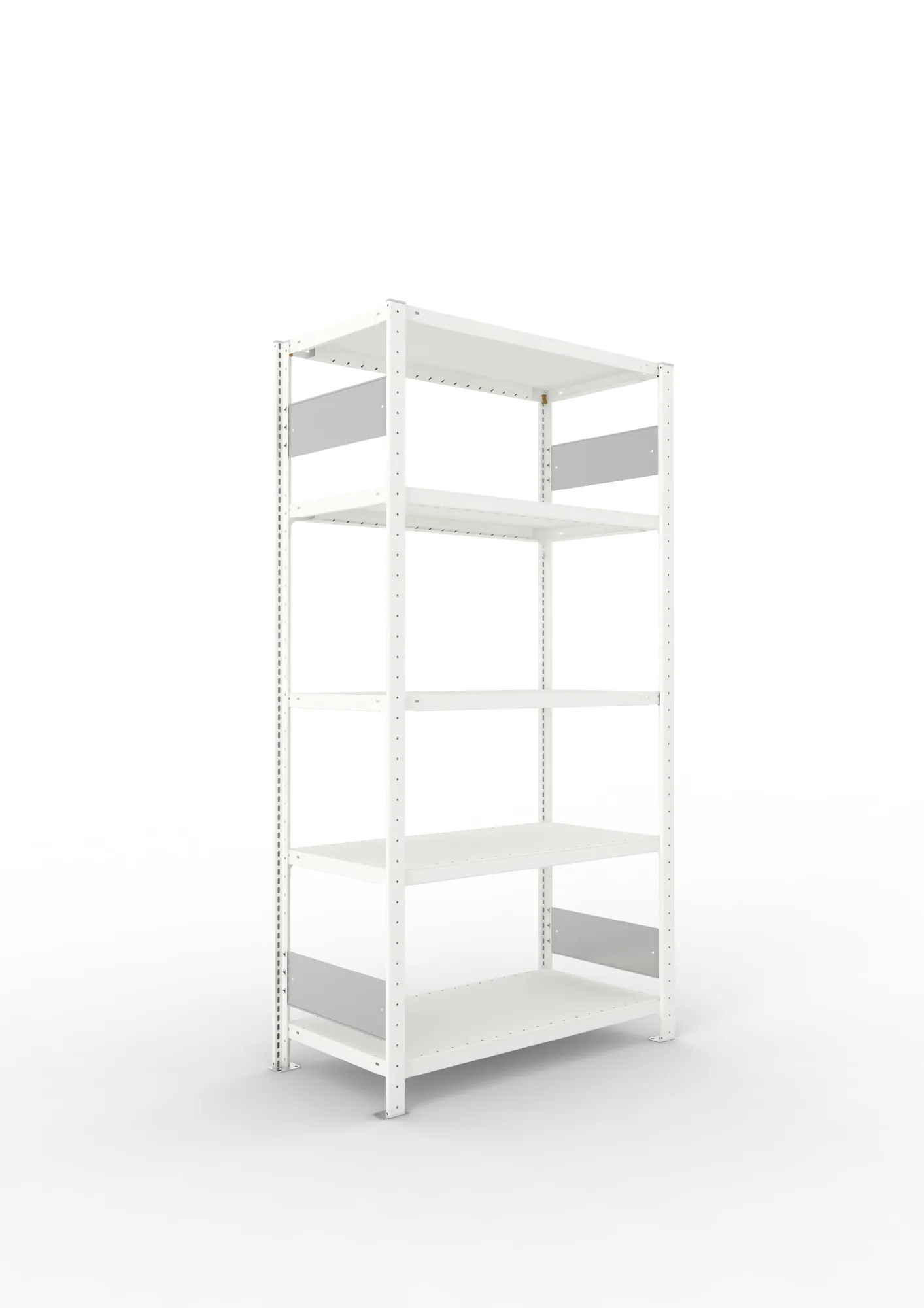 META CLIP S3, Fachbodenregal, Grundregal, 2000 x 1000 x 500 mm, Fachlast 230 kg, 5 Ebenen, Längsriegel, RAL 7035 – Ansicht in Blickhöhe
