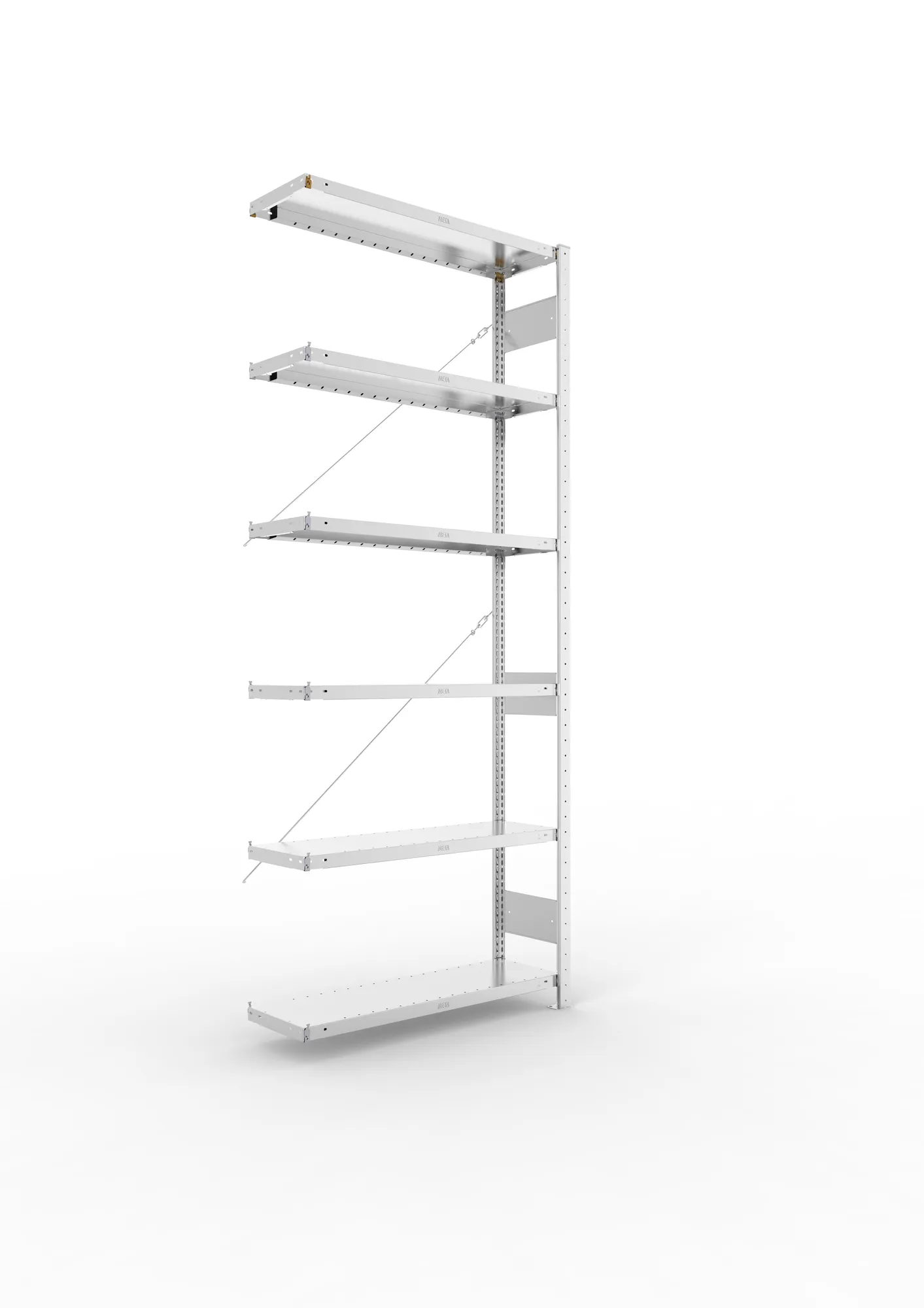 META CLIP, Fachbodenregal, Anbauregal, 2500 x 1000 x 300 mm, Fachlast 230 kg, 6 Ebenen, verzinkt – Ansicht in Blickhöhe