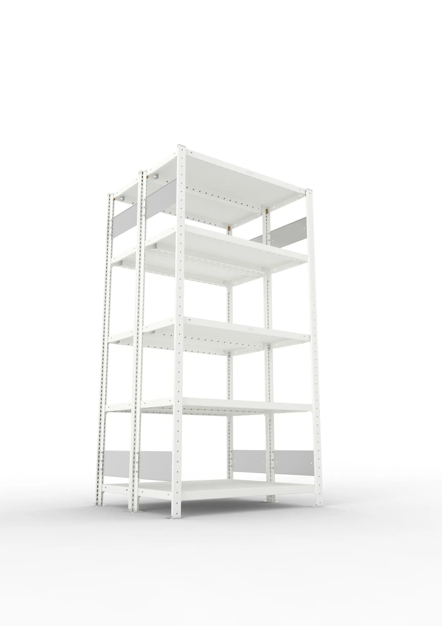 META CLIP S3, Fachbodenregal, Doppel-Grundregal, 2000 x 1000 x 400 mm, Fachlast 230 kg, 5 Ebenen, Längsriegel, RAL 7035 – Ansicht von unten