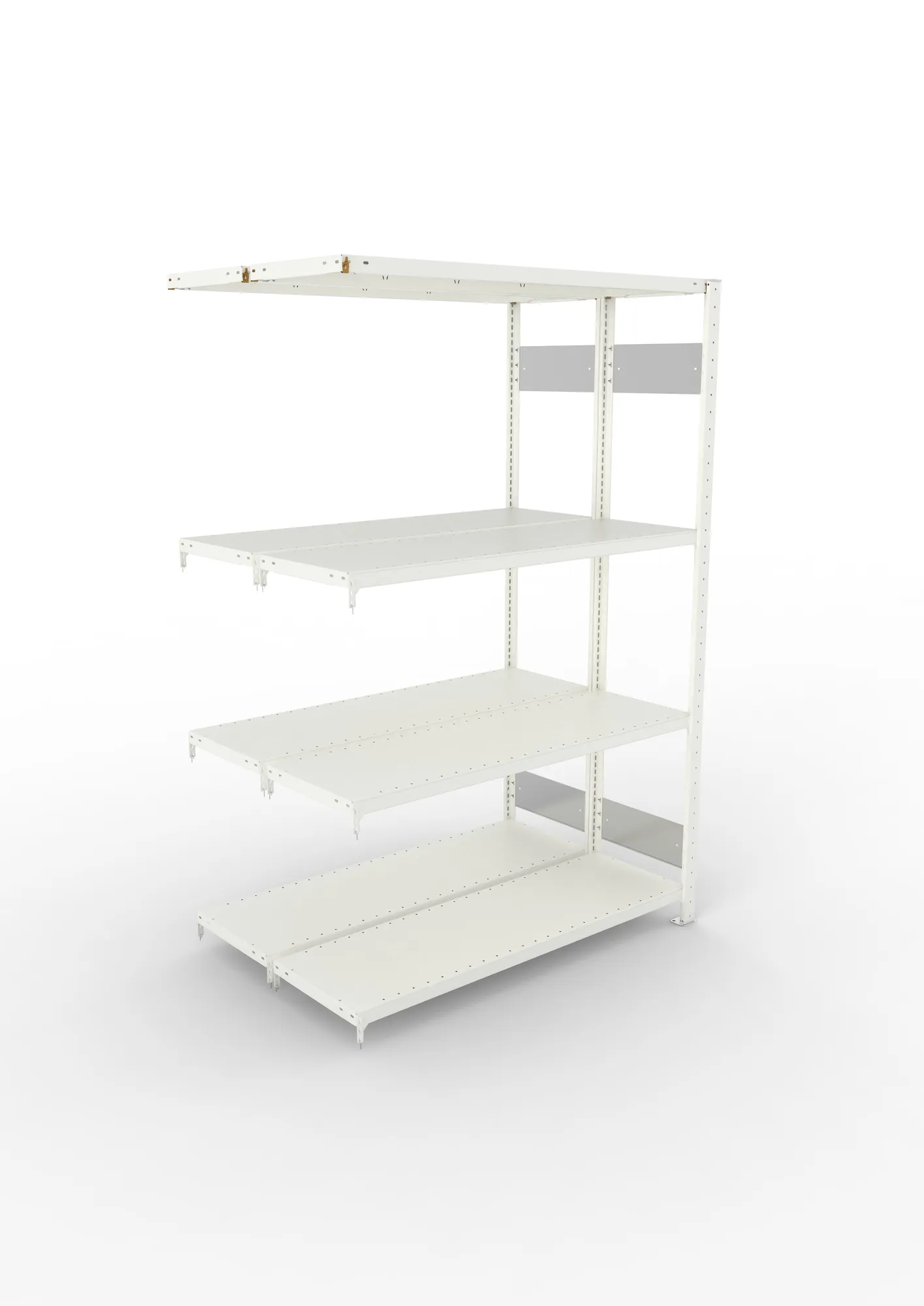 META CLIP S3, Fachbodenregal, Doppel-Anbauregal, 2000 x 1300 x 400 mm, Fachlast 230 kg, 4 Ebenen, Längsriegel, RAL 7035 – Ansicht von oben