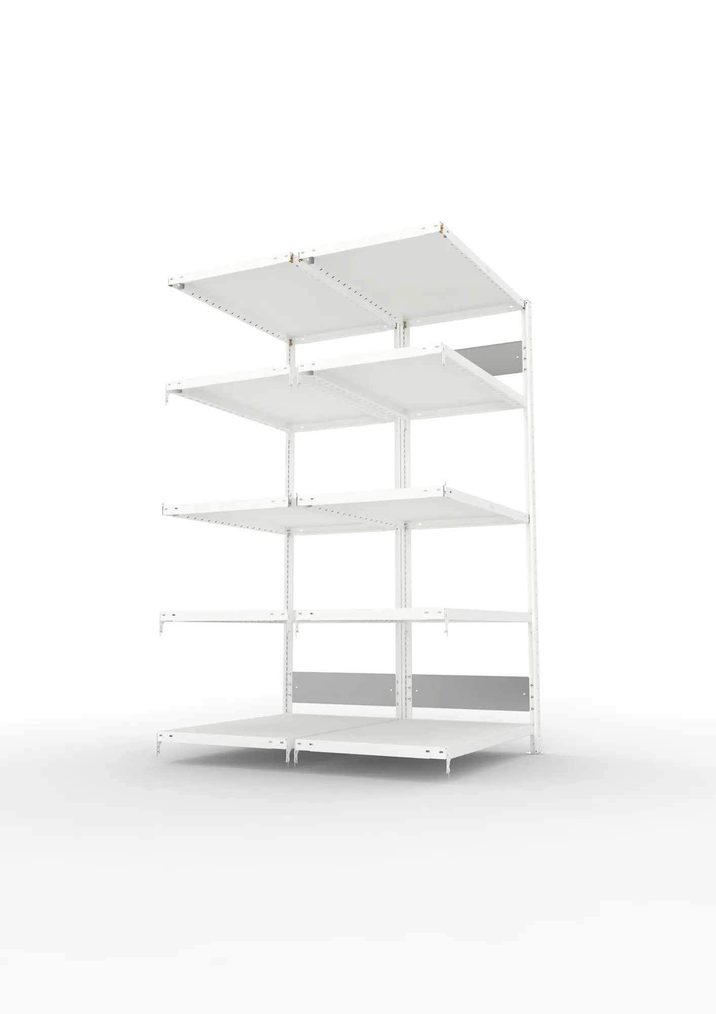 META CLIP S3, Fachbodenregal, Doppel-Anbauregal, 2000 x 1000 x 600 mm, Fachlast 230 kg, 5 Ebenen, Längsriegel, RAL 7035 – Seitenansicht