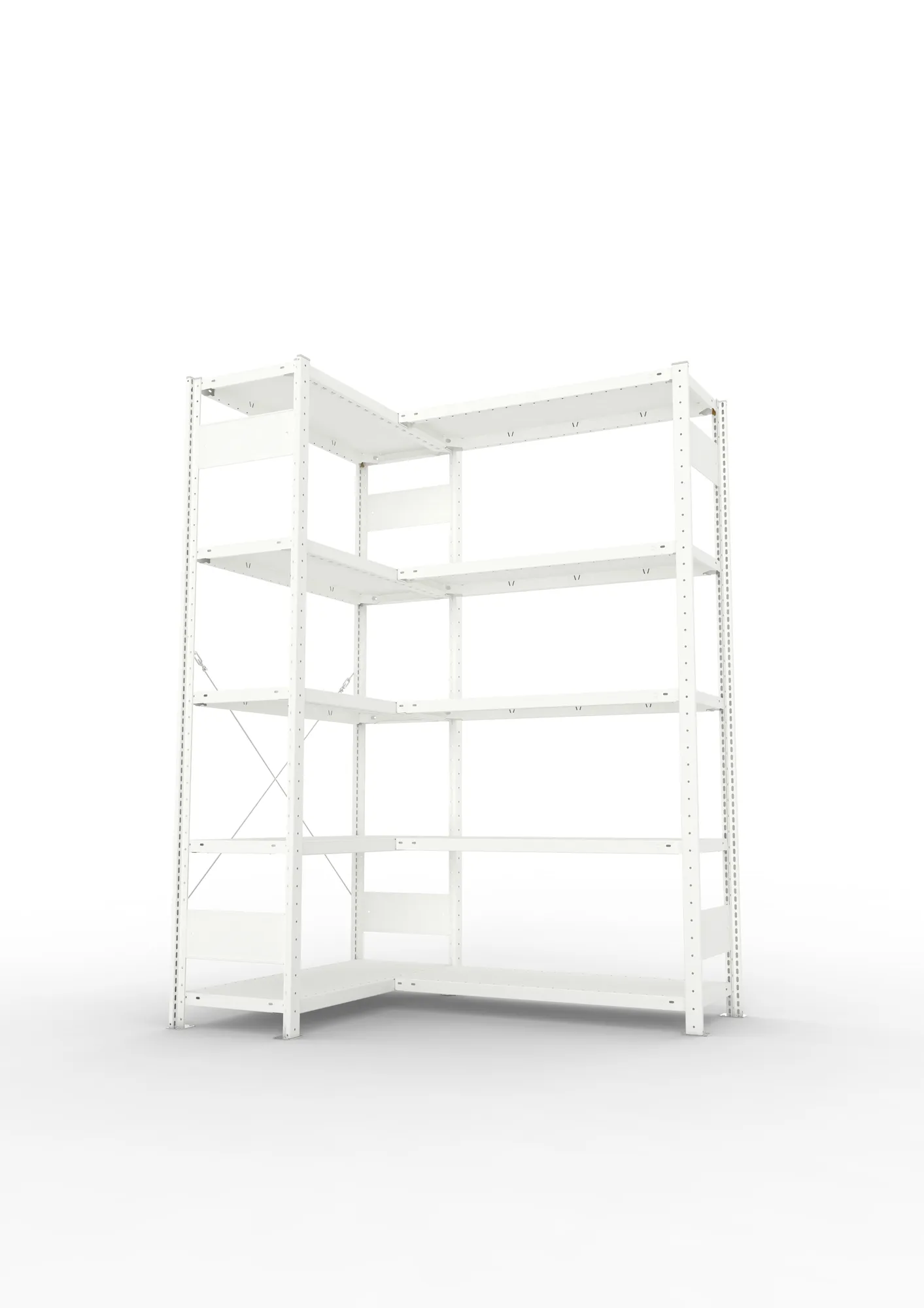META CLIP, Eckregal, 2000 x 1000 x 400 mm, Fachlast 100 kg, 5 Ebenen, RAL 7035 – Seitenansicht
